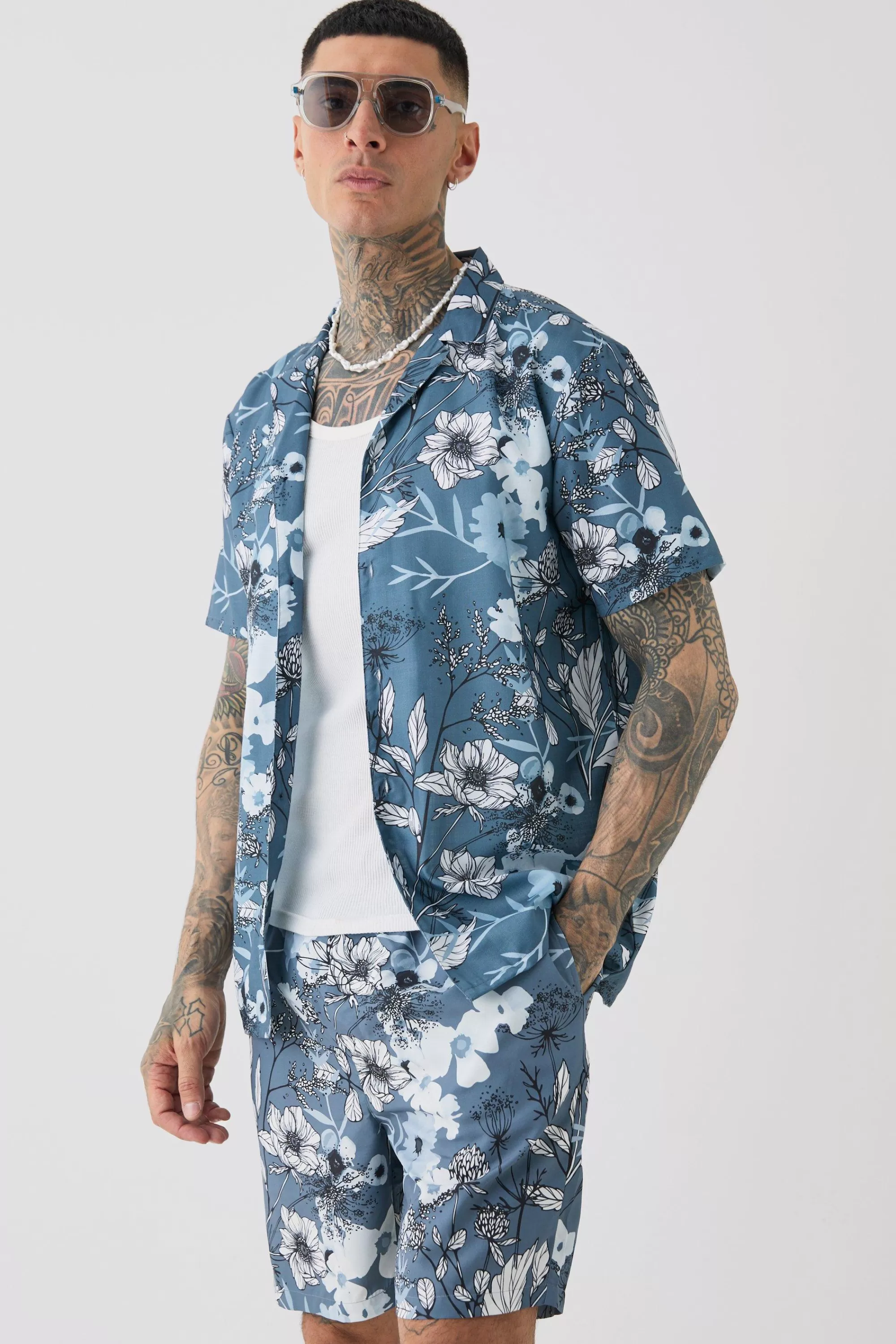 boohooMAN Tall Regular Floral Print Shirt & Swim Short Set | UK