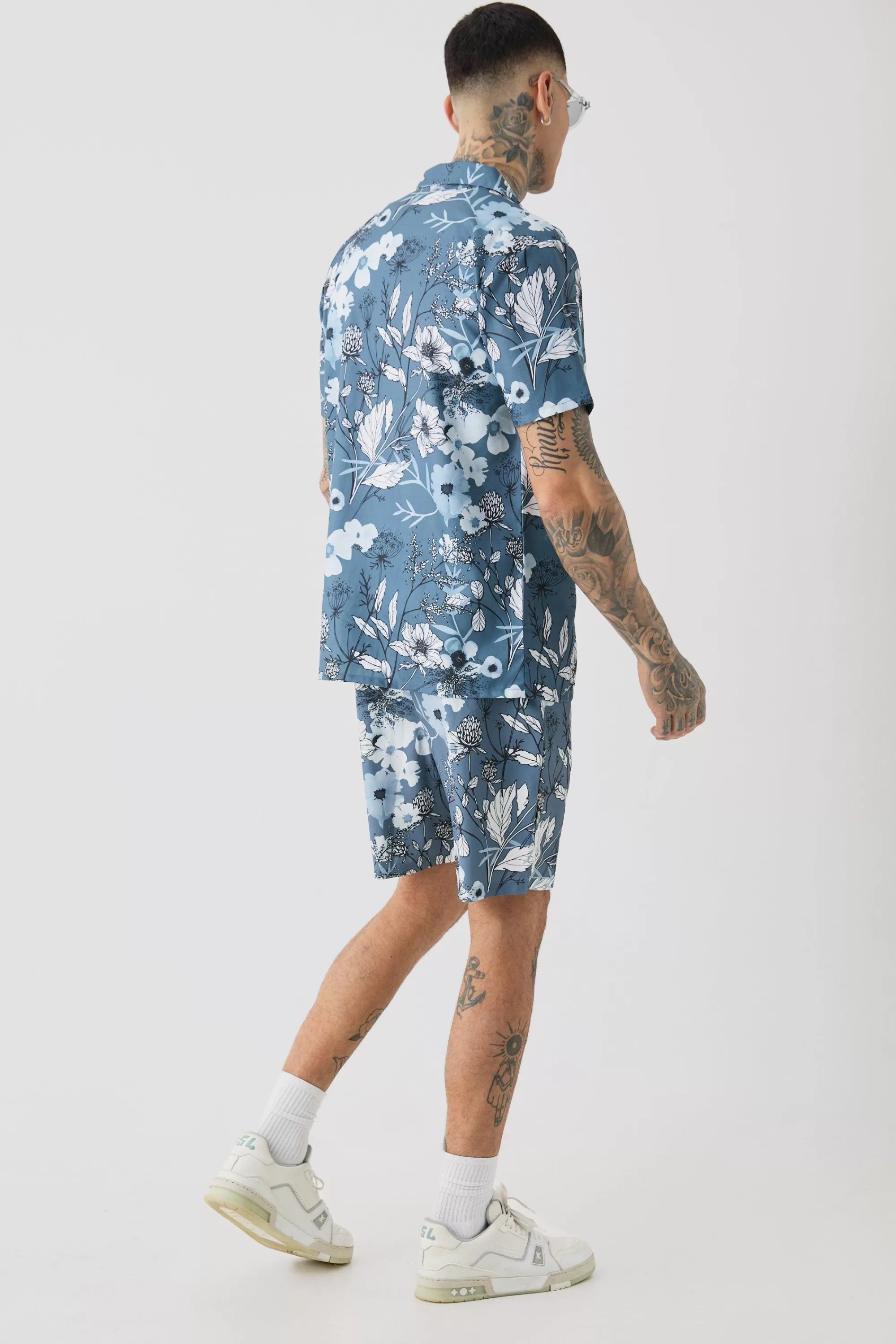 boohooMAN Tall Regular Floral Print Shirt & Swim Short Set | UK