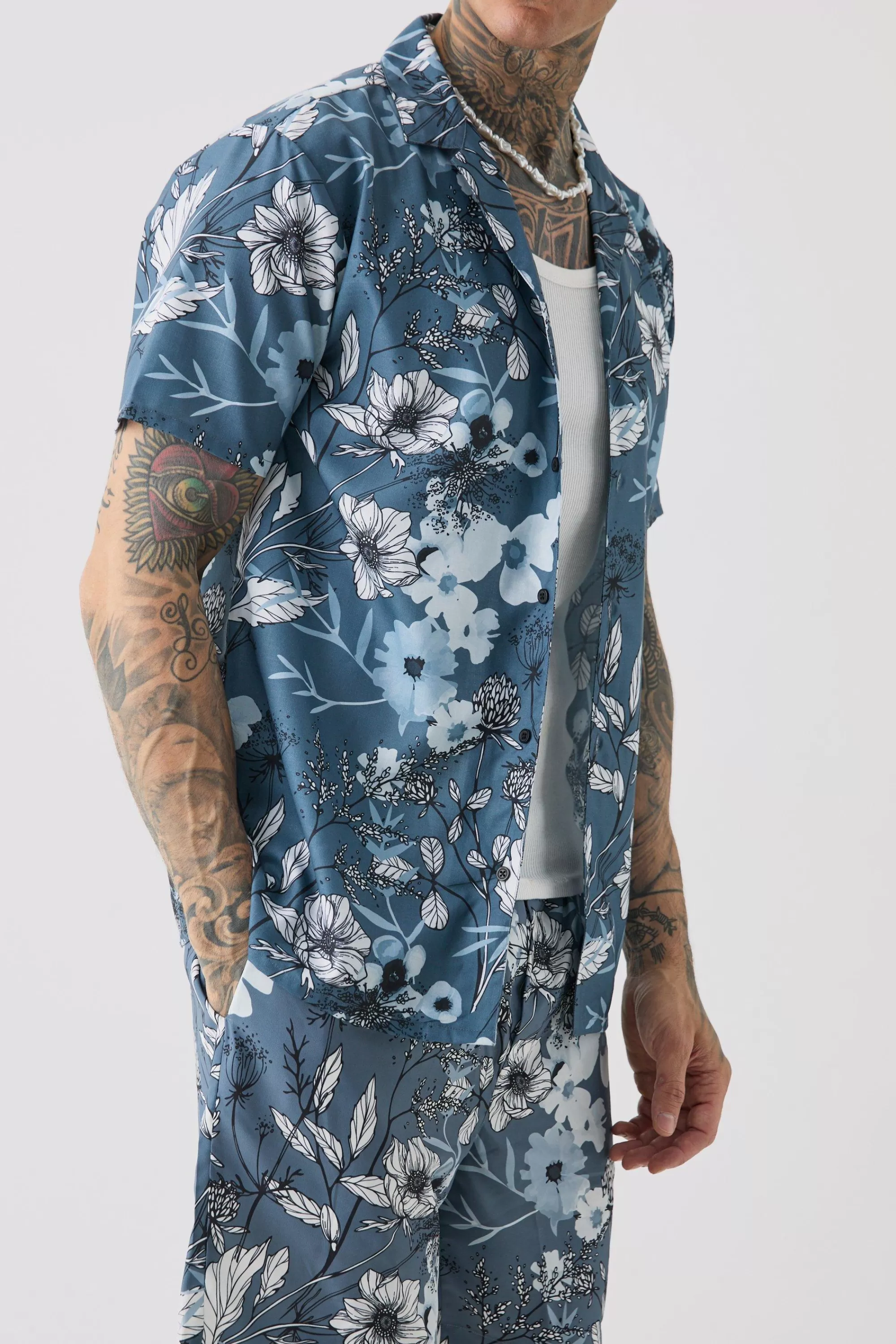 boohooMAN Tall Regular Floral Print Shirt & Swim Short Set | UK