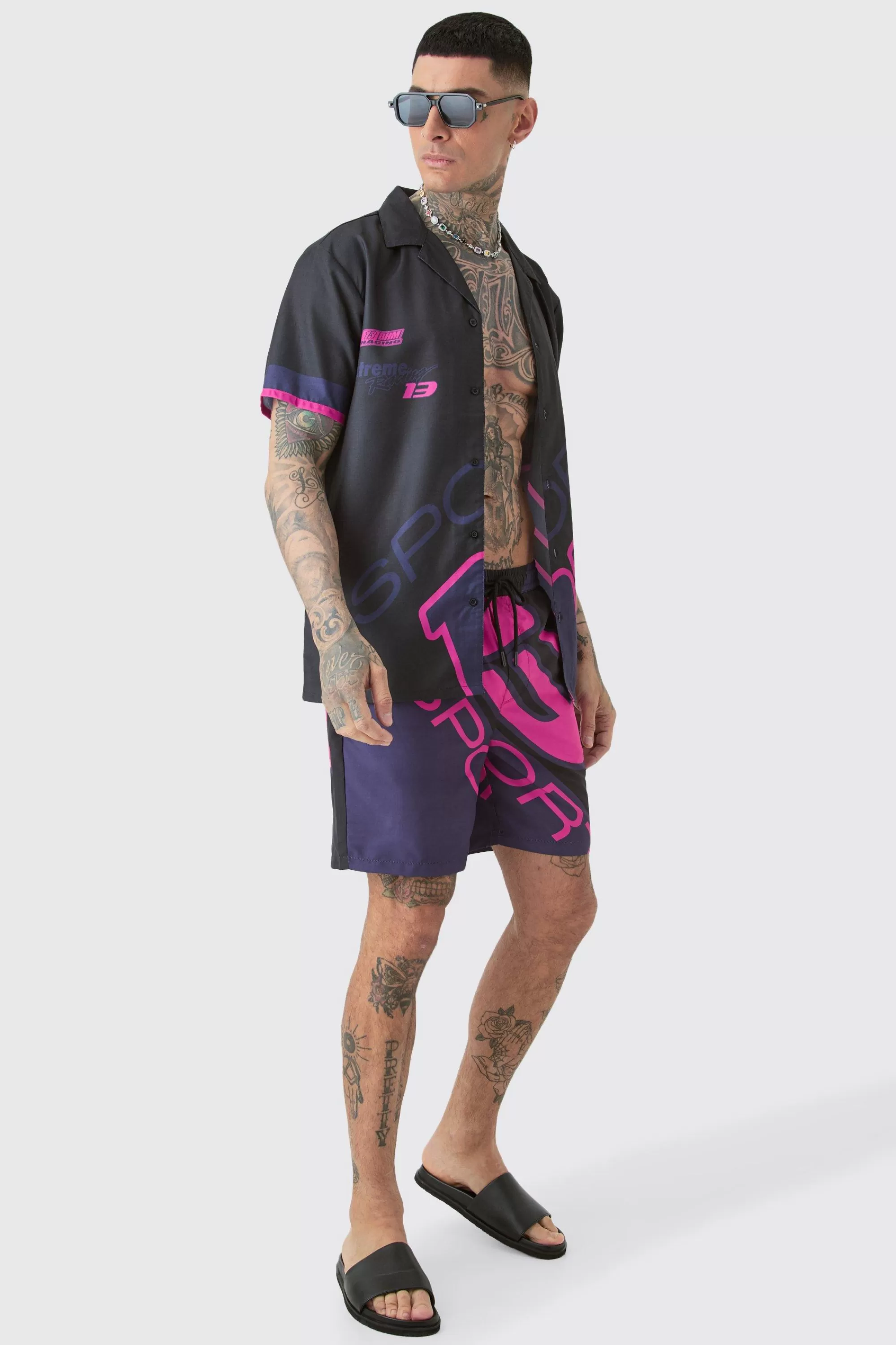 boohooMAN Tall Regular Moto Print Shirt & Swim Short Set | UK