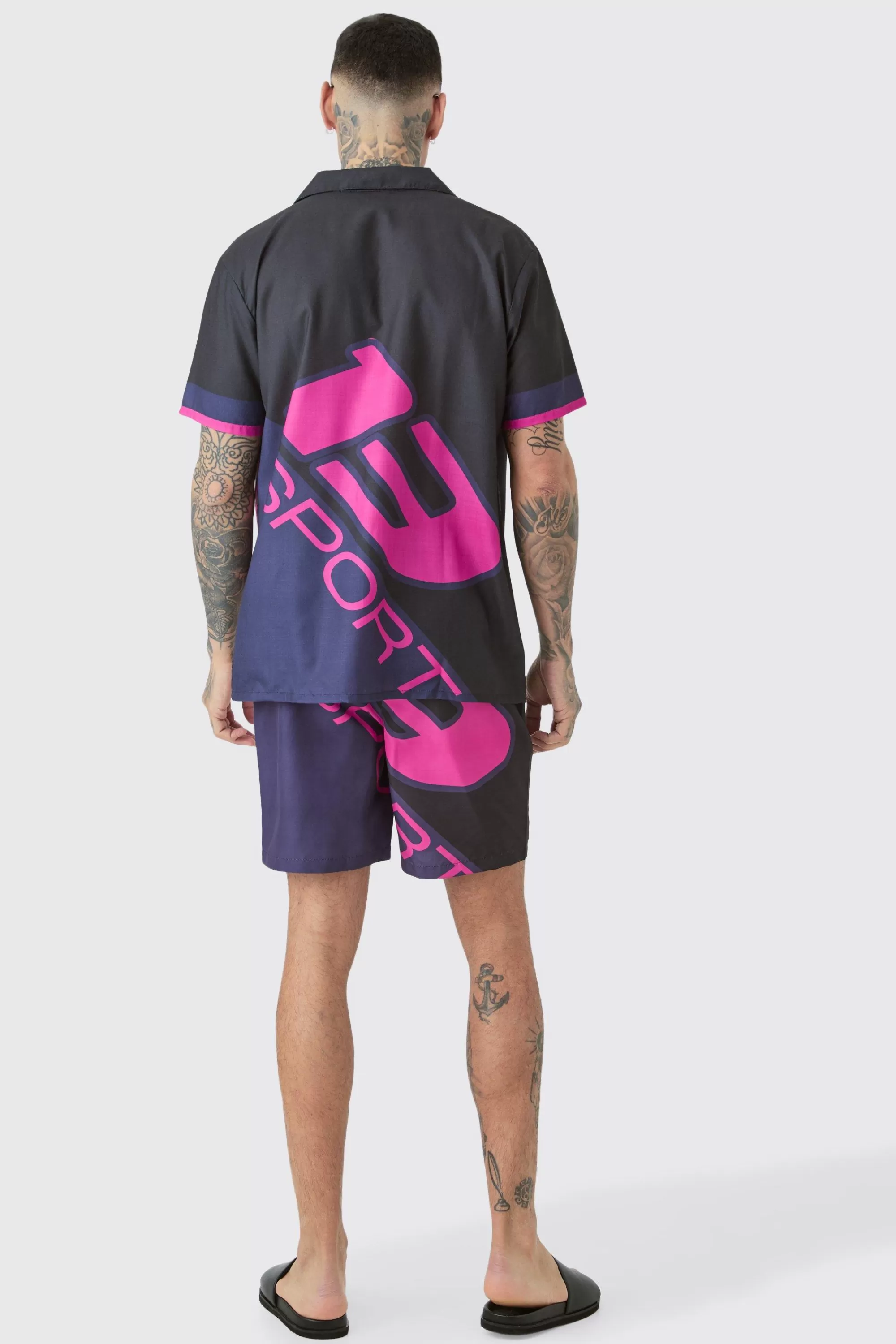 boohooMAN Tall Regular Moto Print Shirt & Swim Short Set | UK