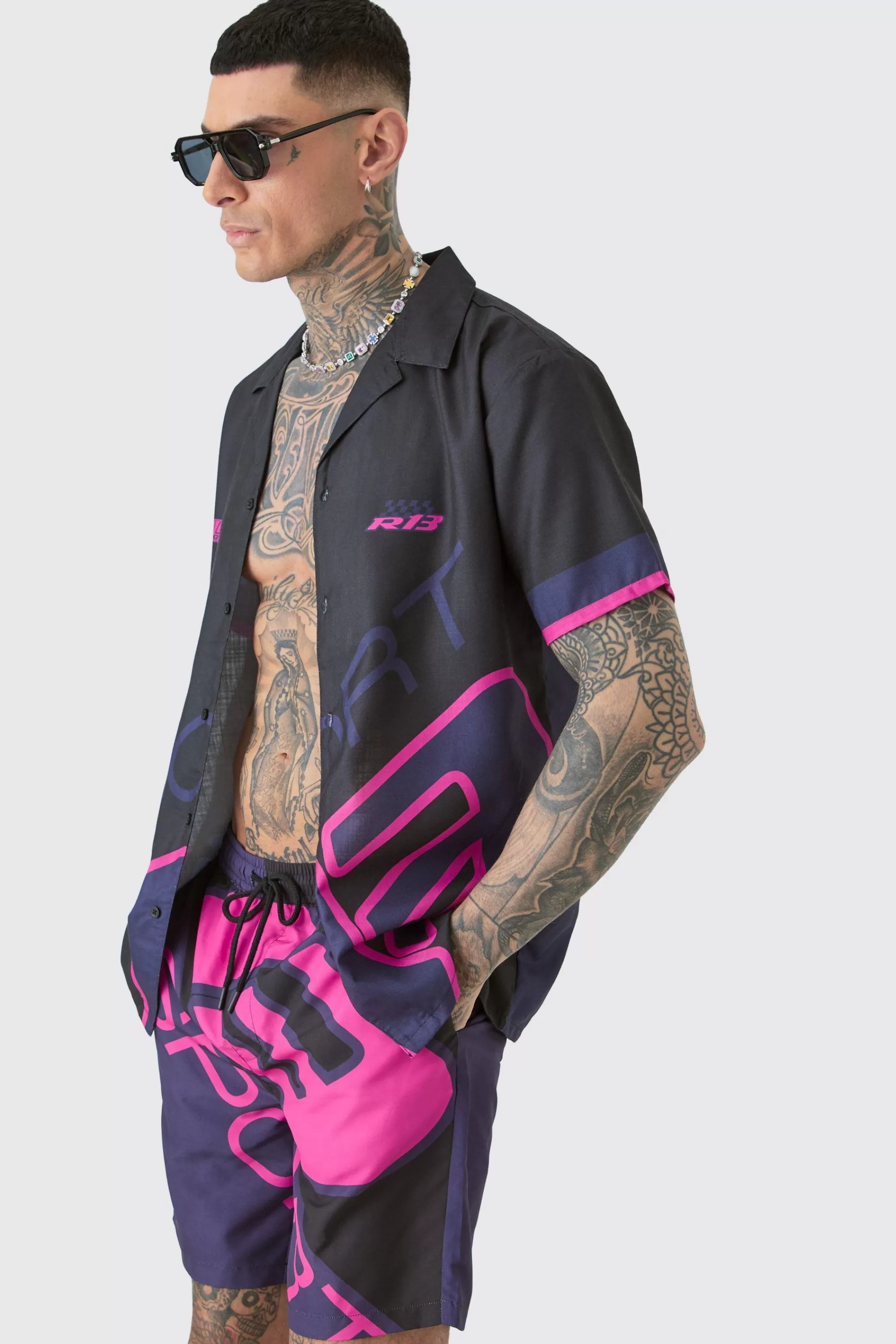 boohooMAN Tall Regular Moto Print Shirt & Swim Short Set | UK