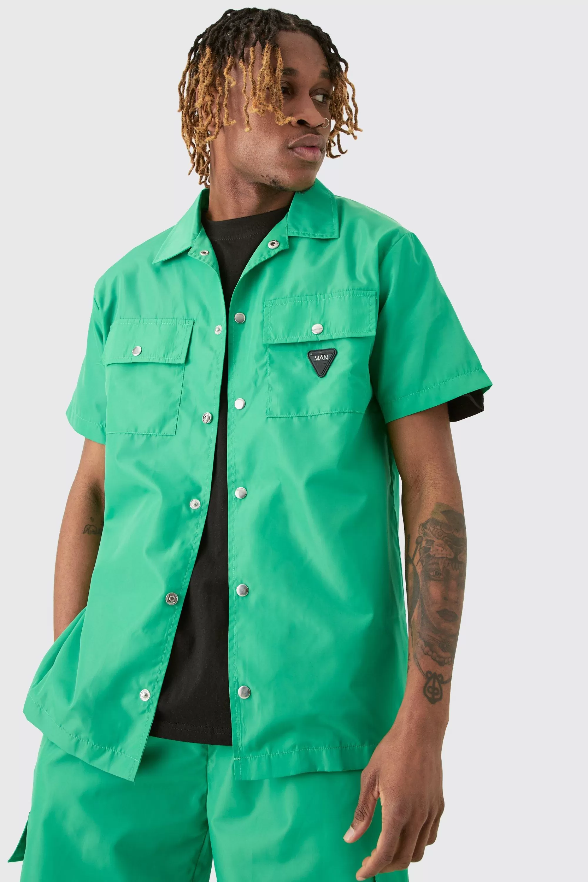 boohooMAN Tall Regular Patch Pocket Nylon Man Overshirt | UK