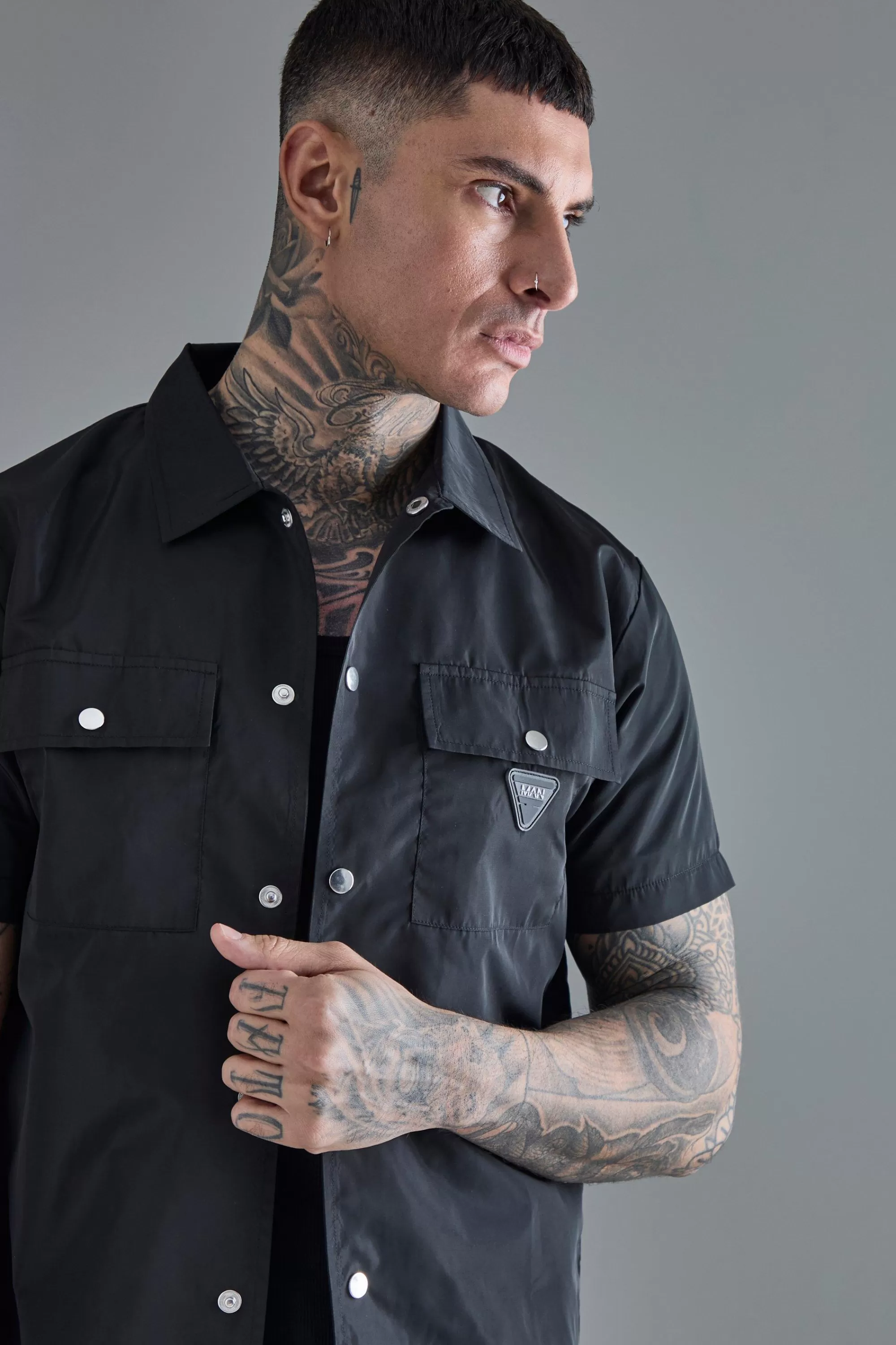 boohooMAN Tall Regular Patch Pocket Nylon Man Overshirt | UK