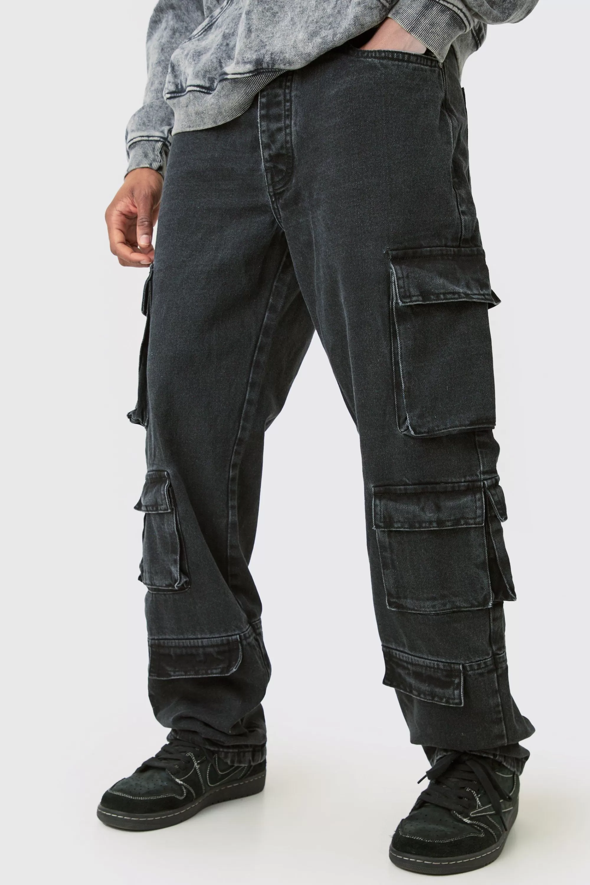 boohooMAN Tall Relaxed Fit Acid Wash Cargo Jean | UK