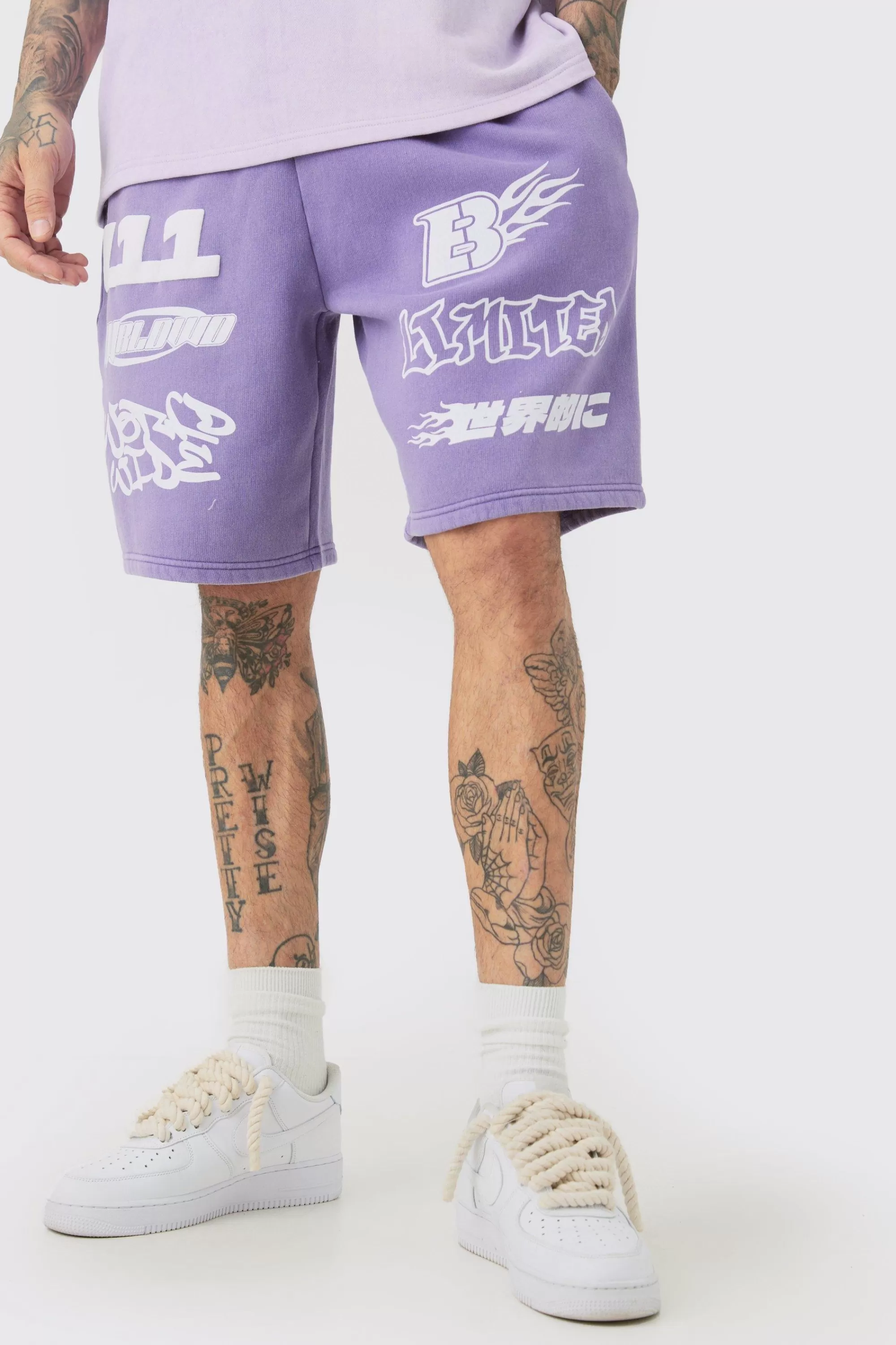 boohooMAN Tall Relaxed Moto Puff Print Washed Shorts | UK