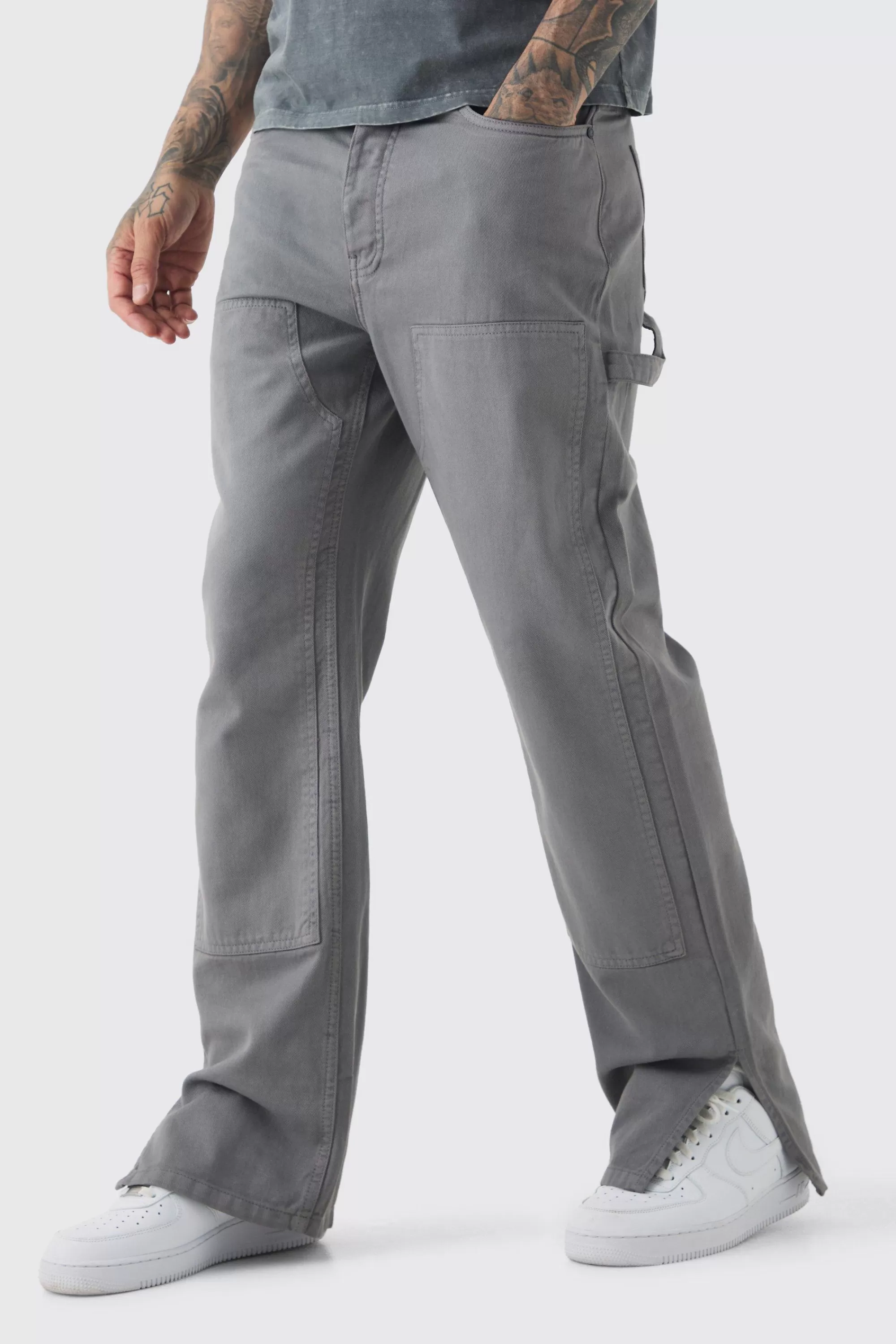 boohooMAN Tall Relaxed Overdye Carpenter Split Hem Trouser In | UK