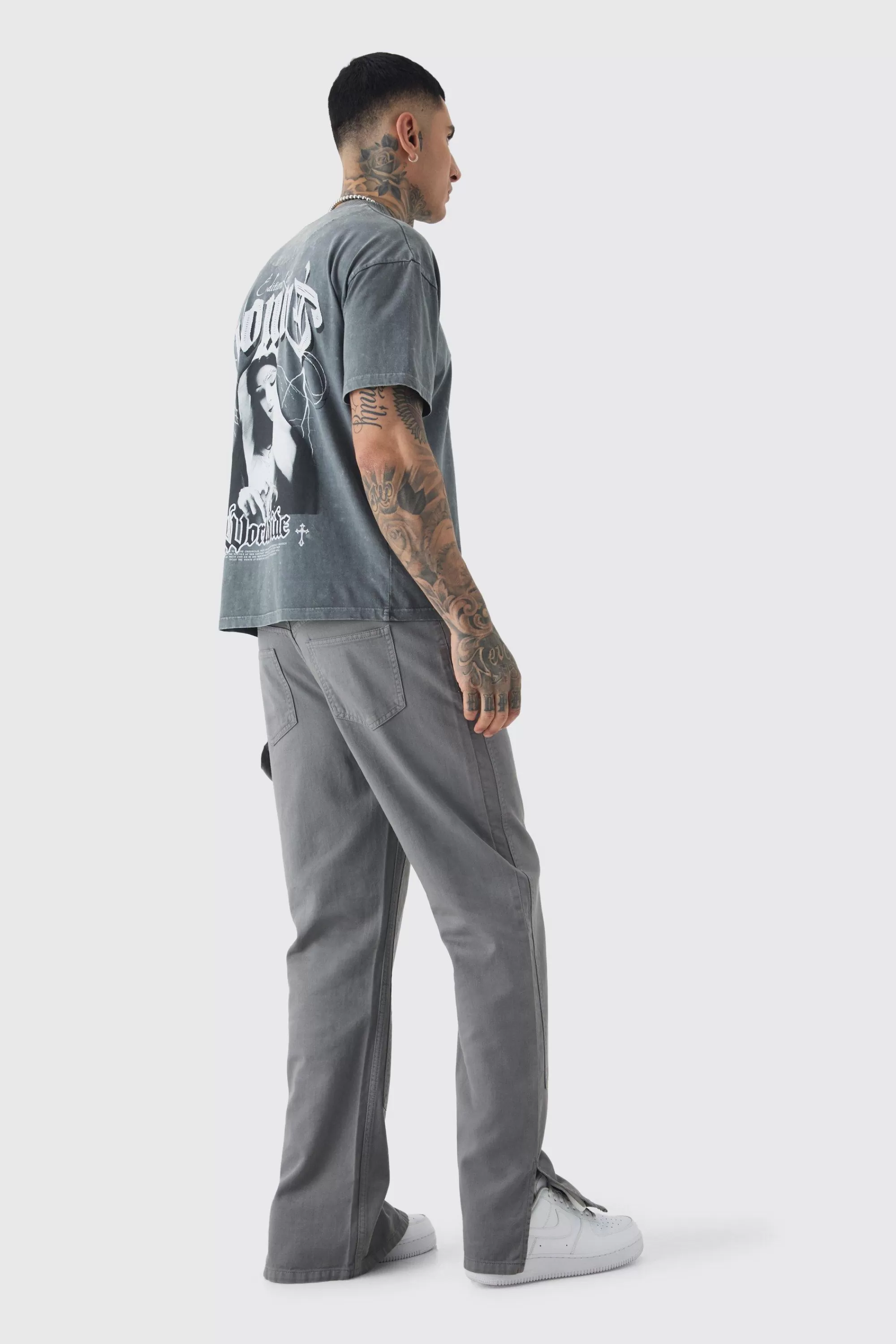 boohooMAN Tall Relaxed Overdye Carpenter Split Hem Trouser In | UK