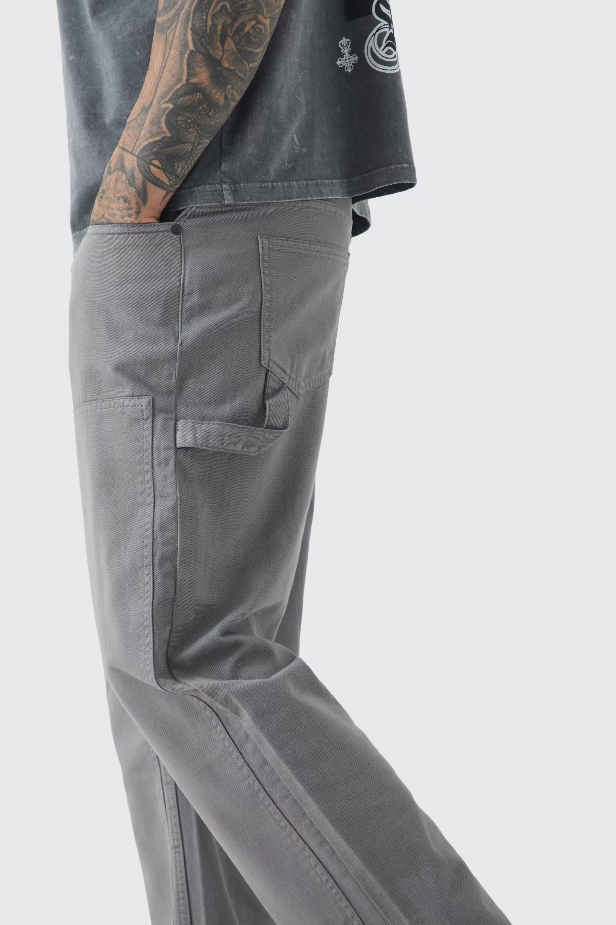 boohooMAN Tall Relaxed Overdye Carpenter Split Hem Trouser In | UK