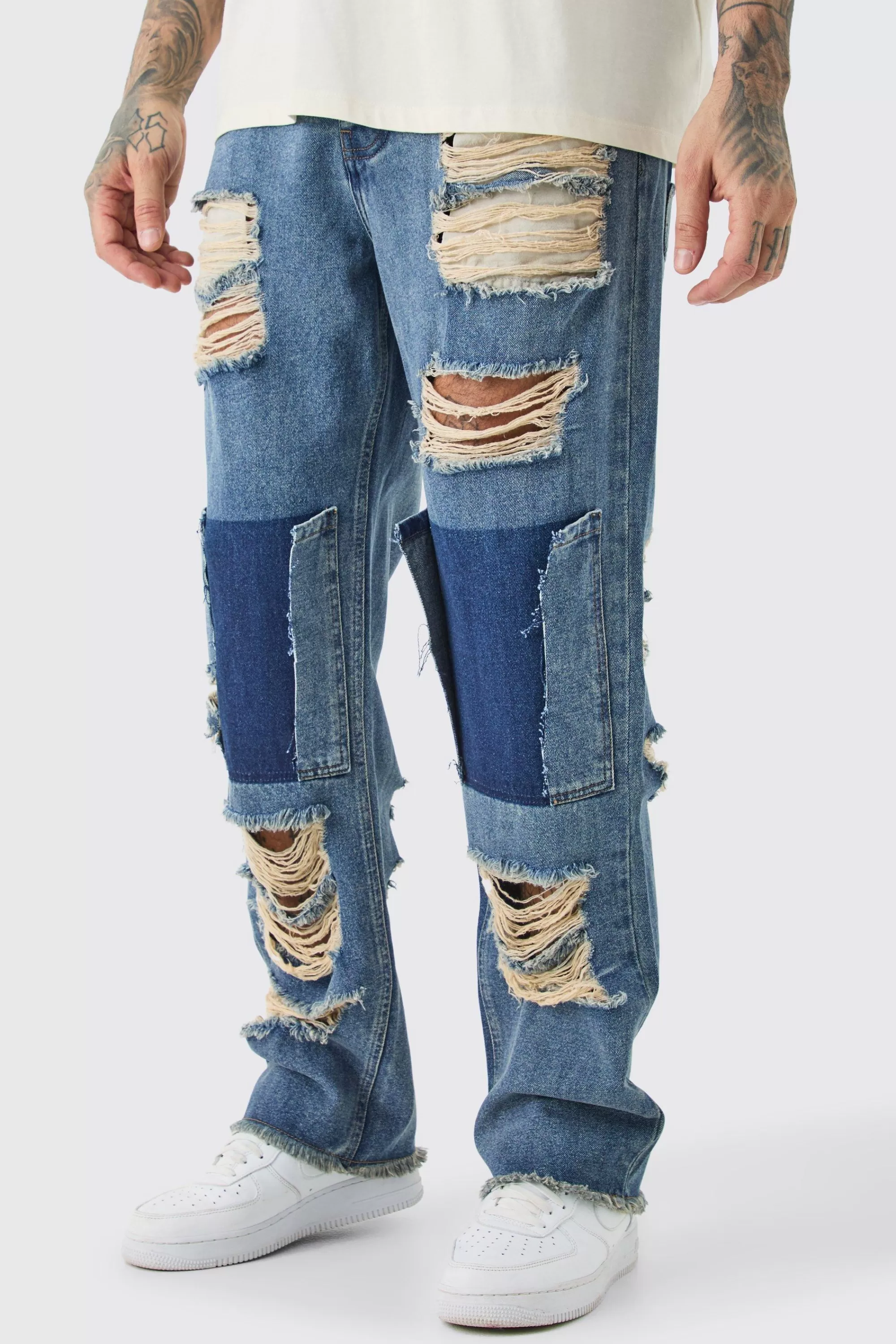 boohooMAN Tall Relaxed Rigid Distressed Jeans | UK