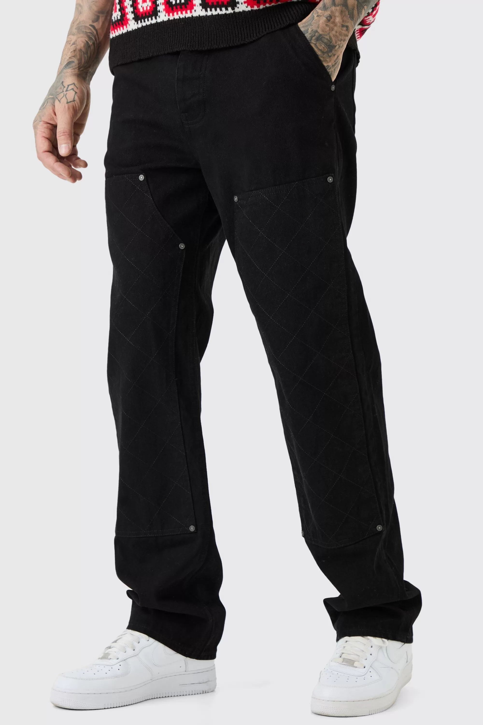 boohooMAN Tall Relaxed Rigid Top Stitch Detail Carpenter Jean | UK