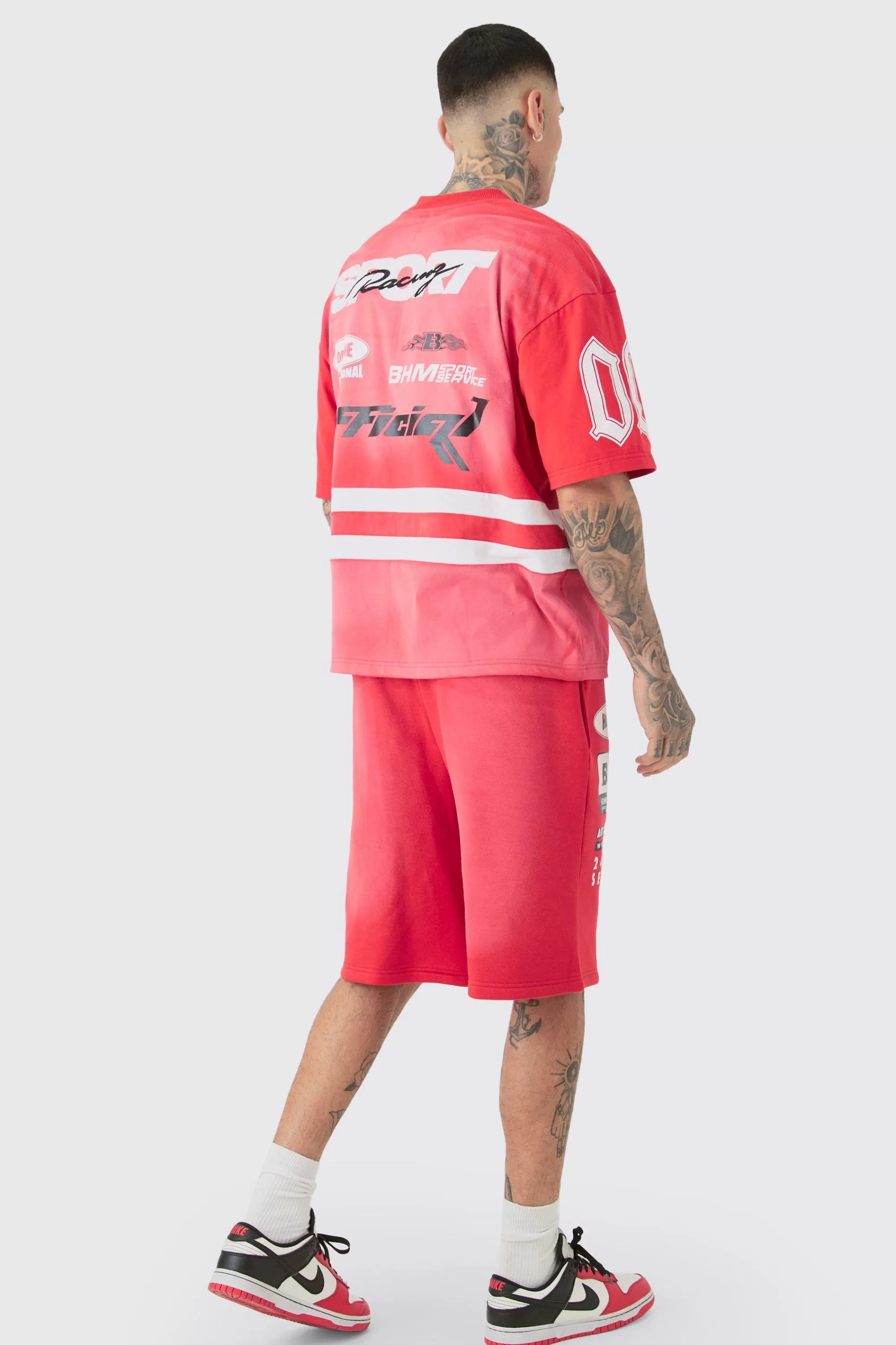 boohooMAN Tall Relaxed Washed Applique Moto Jersey Shorts | UK
