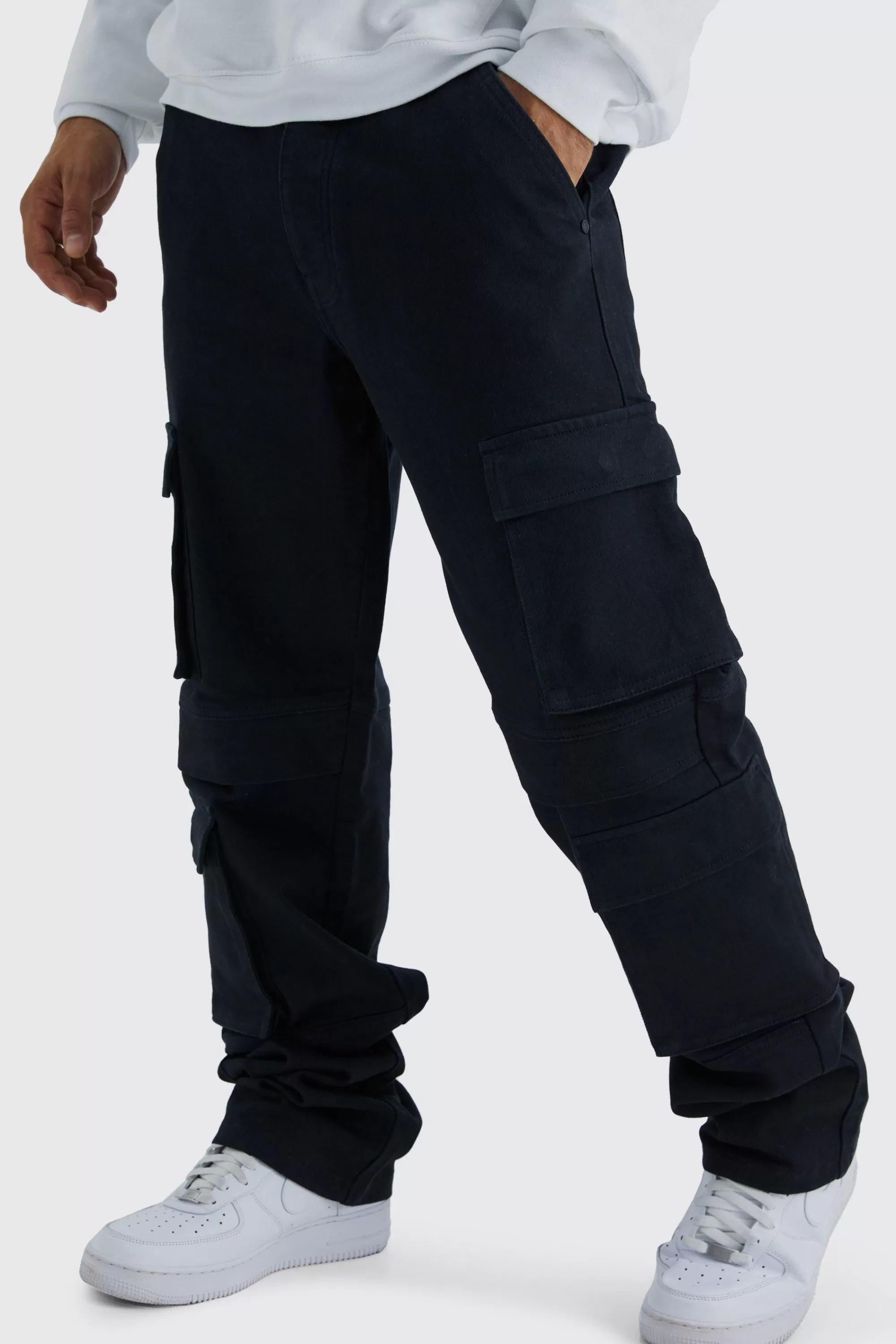 boohooMAN Tall Relaxed Washed Multi Pocket Cargo Jeans | UK
