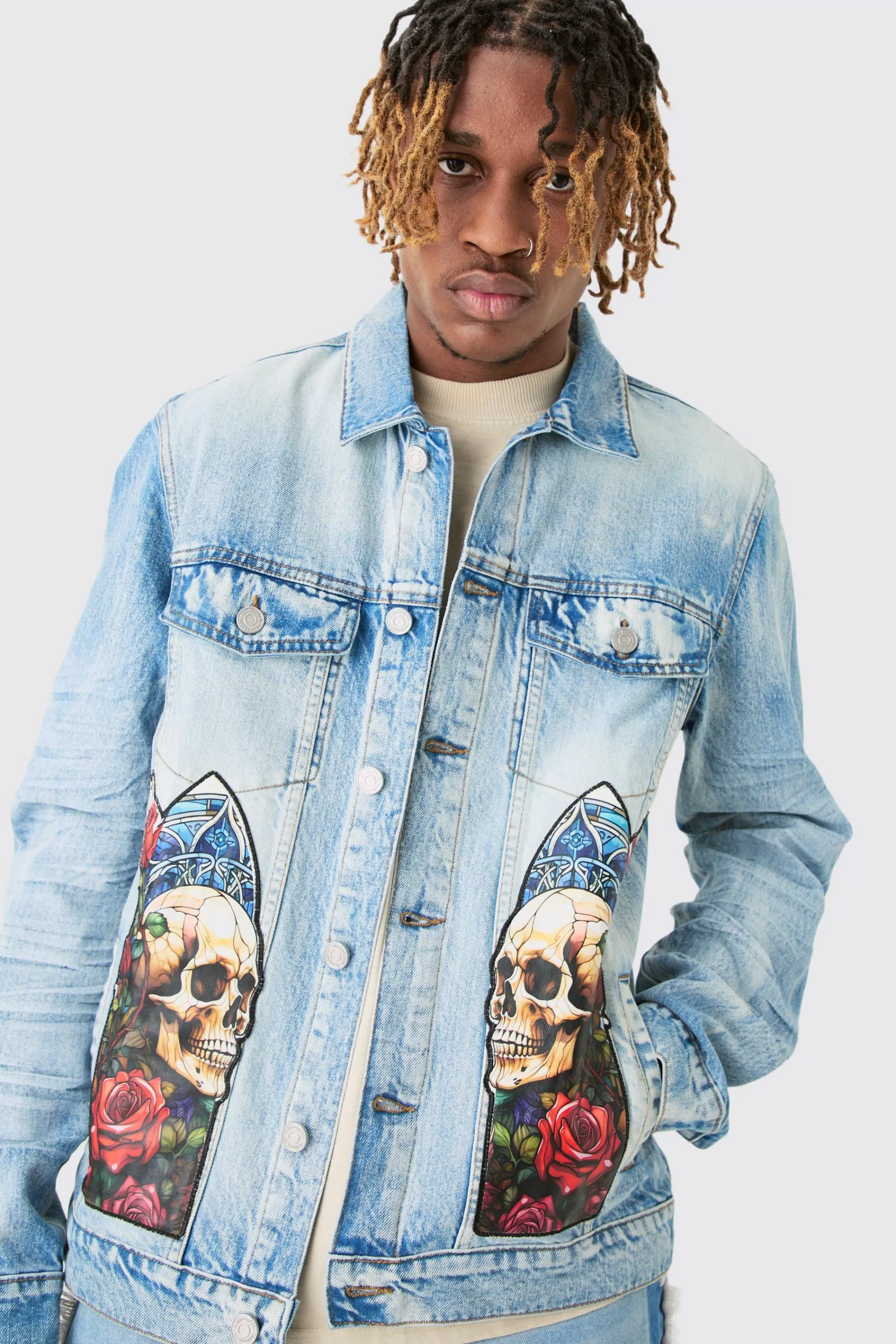 boohooMAN Tall Renaissance Panel Denim Jacket | UK