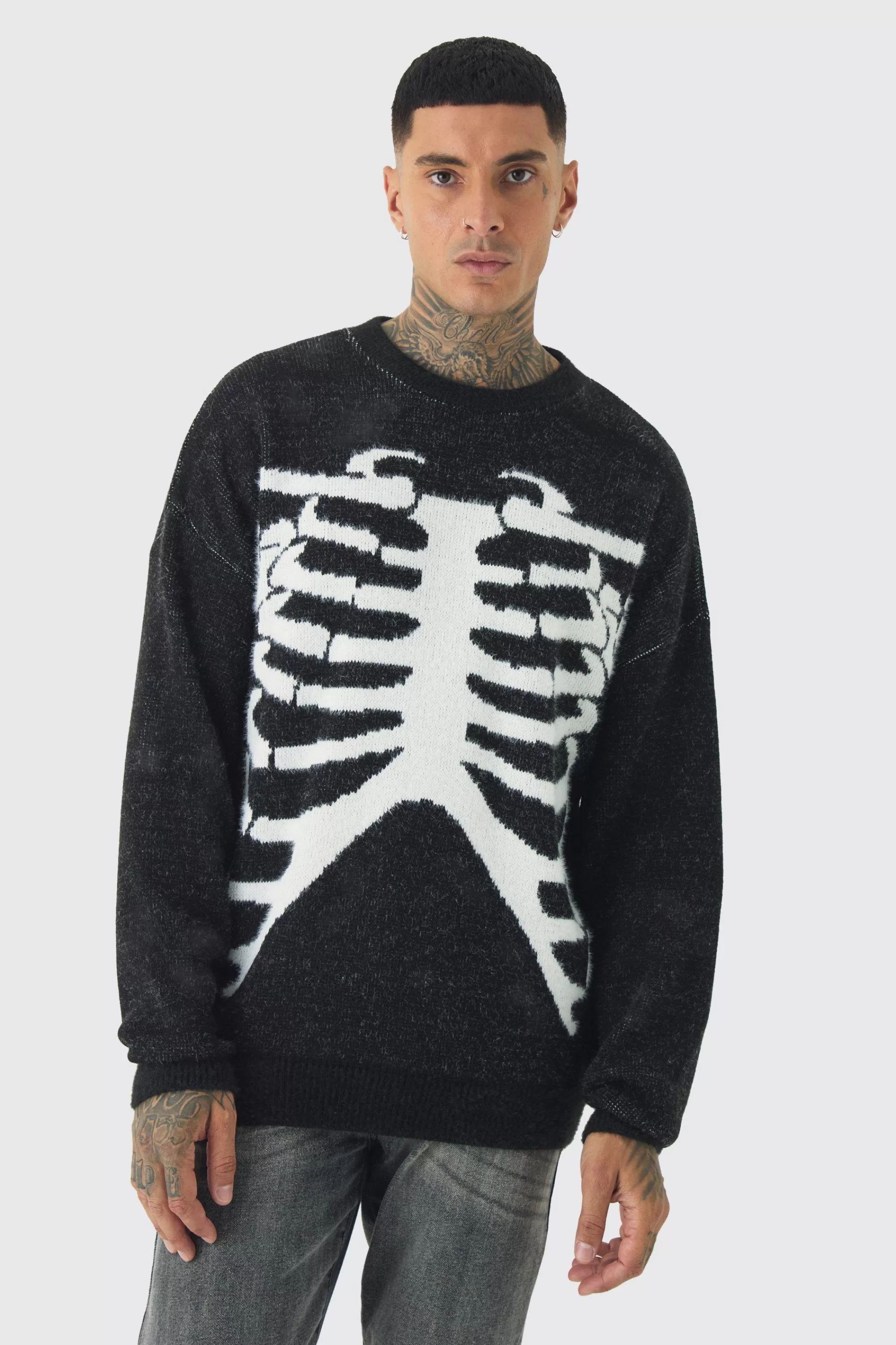 boohooMAN Tall Rib Cage Oversized Knitted Jumper | UK