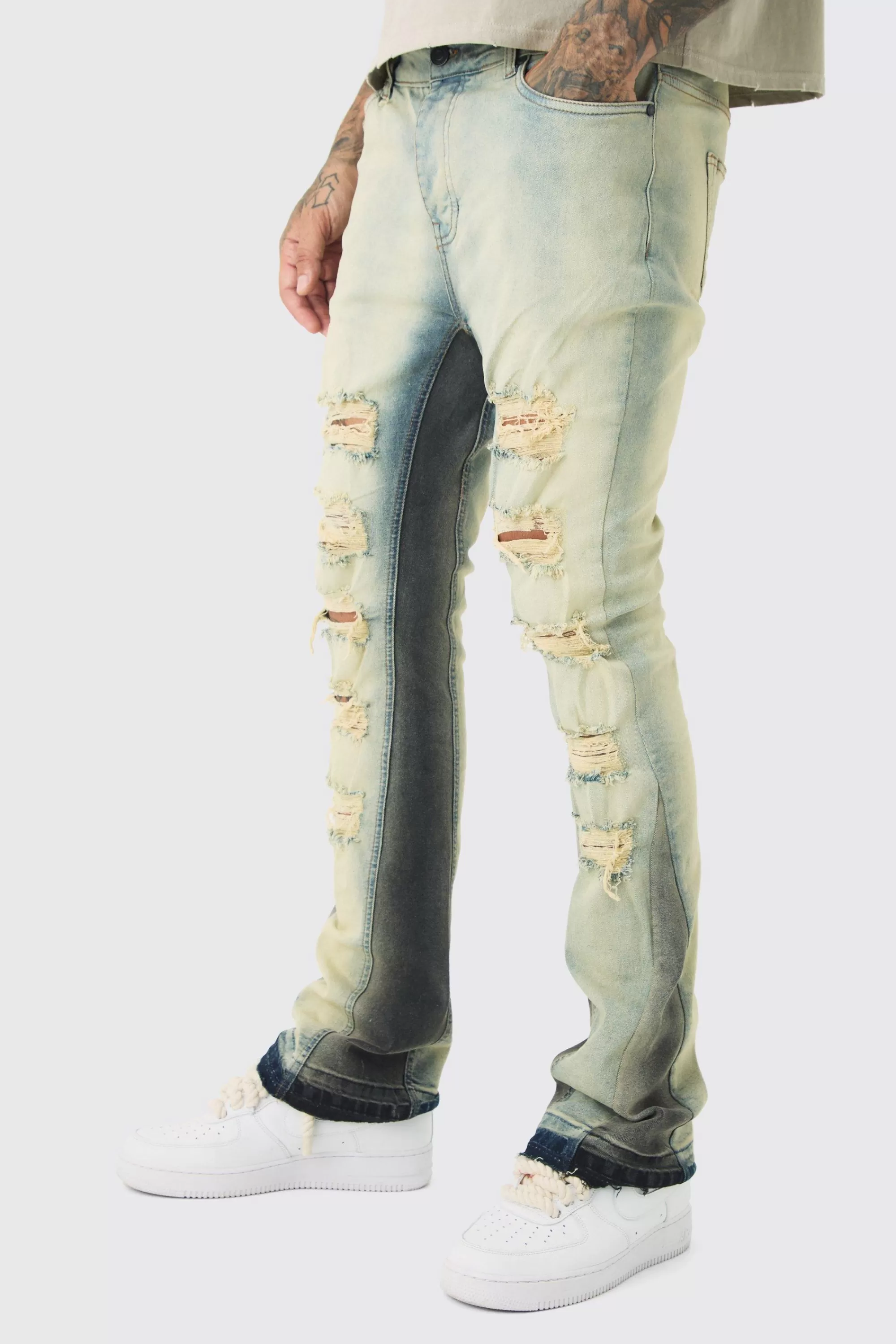 boohooMAN Tall Ripped Gusset Detail Stretch Skinny Flared Jeans | UK