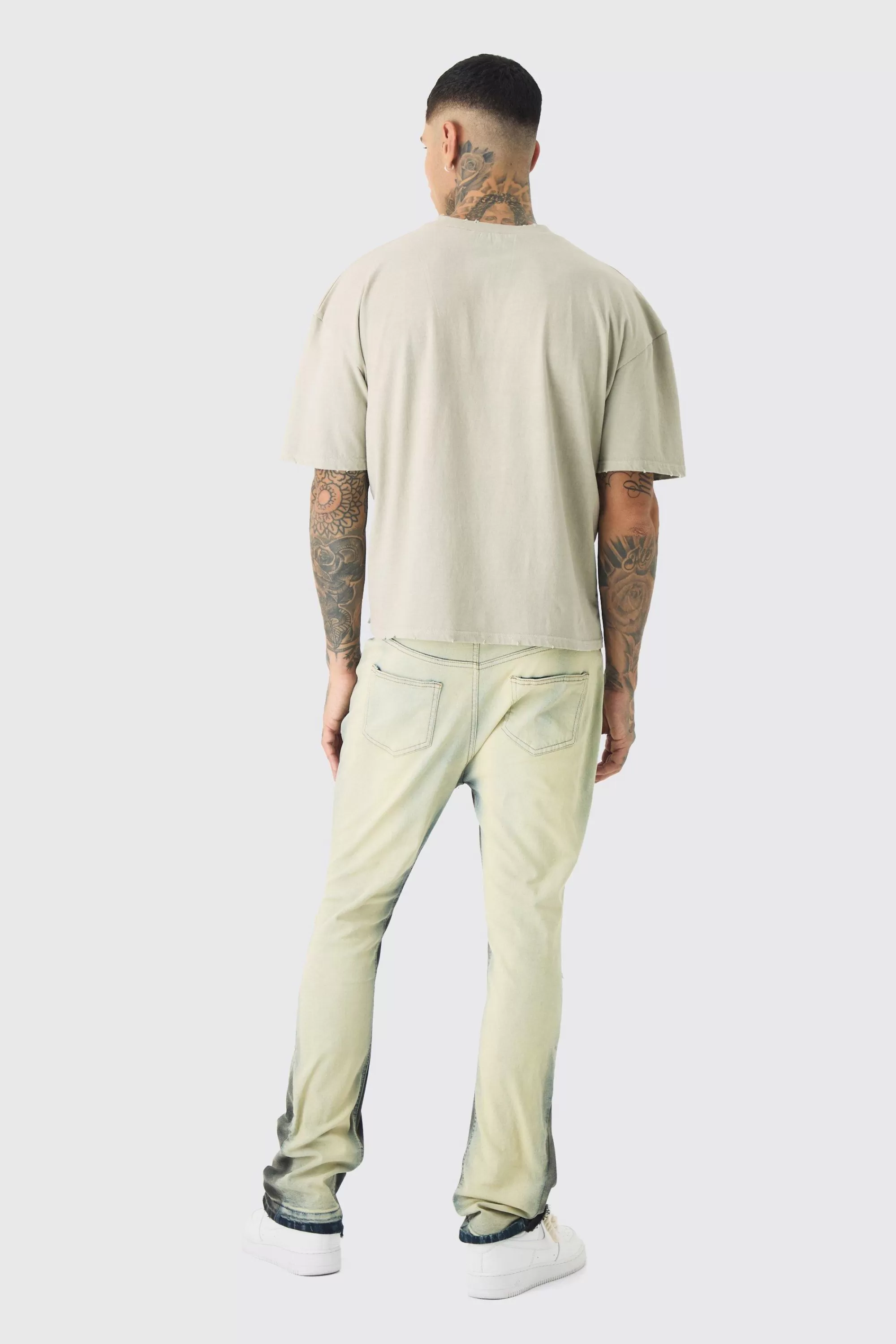 boohooMAN Tall Ripped Gusset Detail Stretch Skinny Flared Jeans | UK