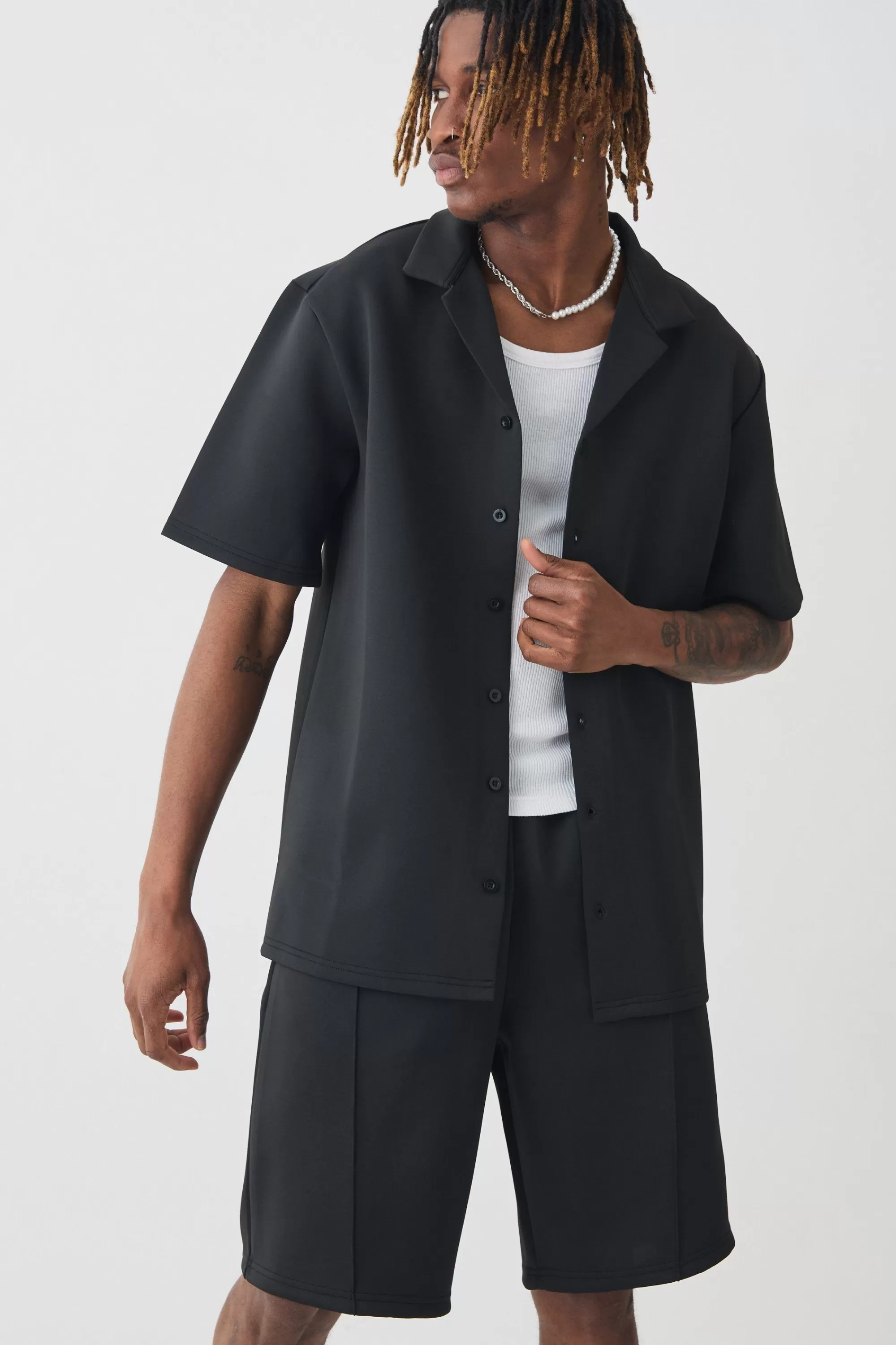 boohooMAN Tall Scuba Drop Revere Shirt & Short Set | UK