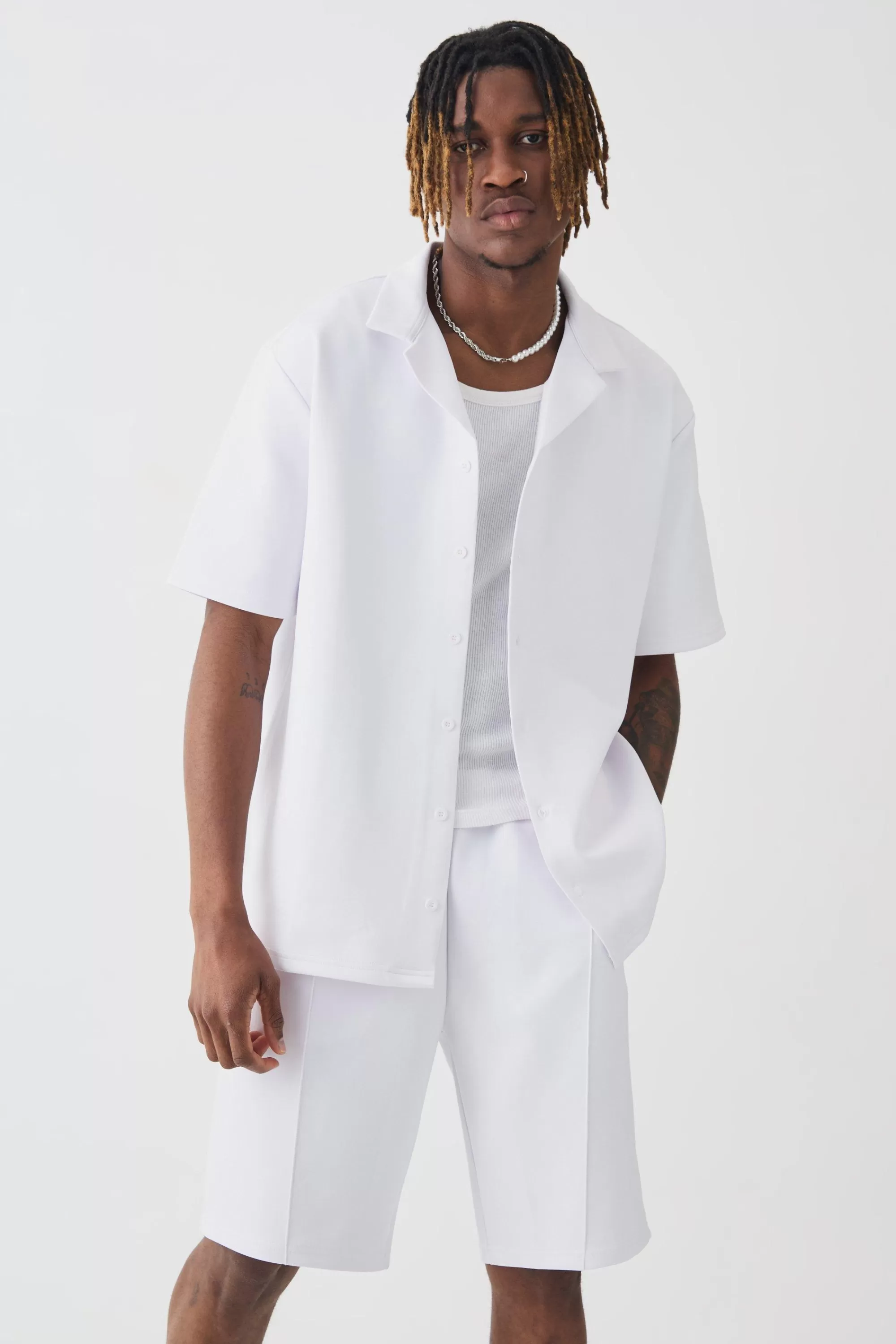 boohooMAN Tall Scuba Drop Revere Shirt & Short Set | UK