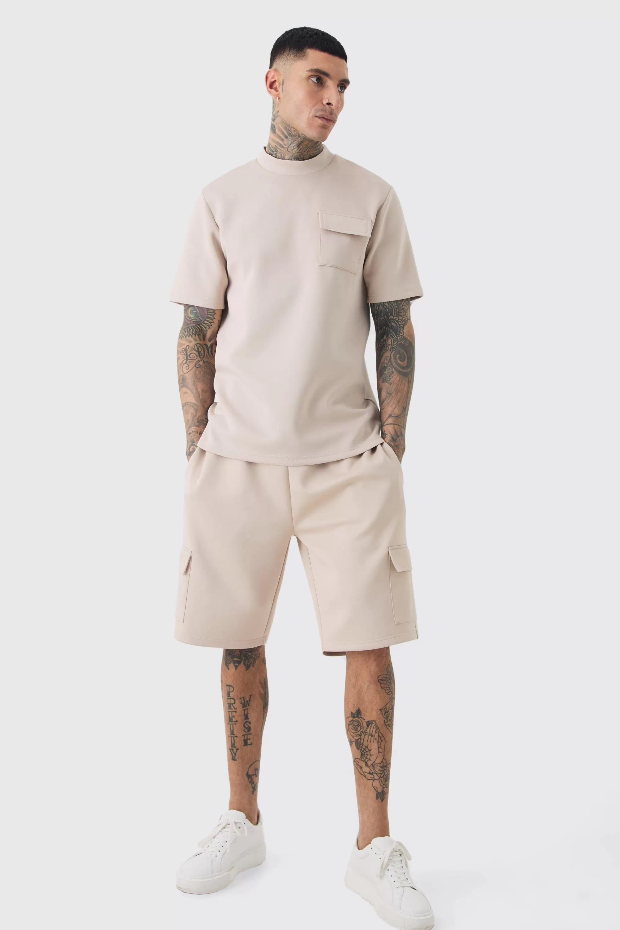 boohooMAN Tall Scuba Extended Neck Pocket T-shirt & Cargo Short Set | UK