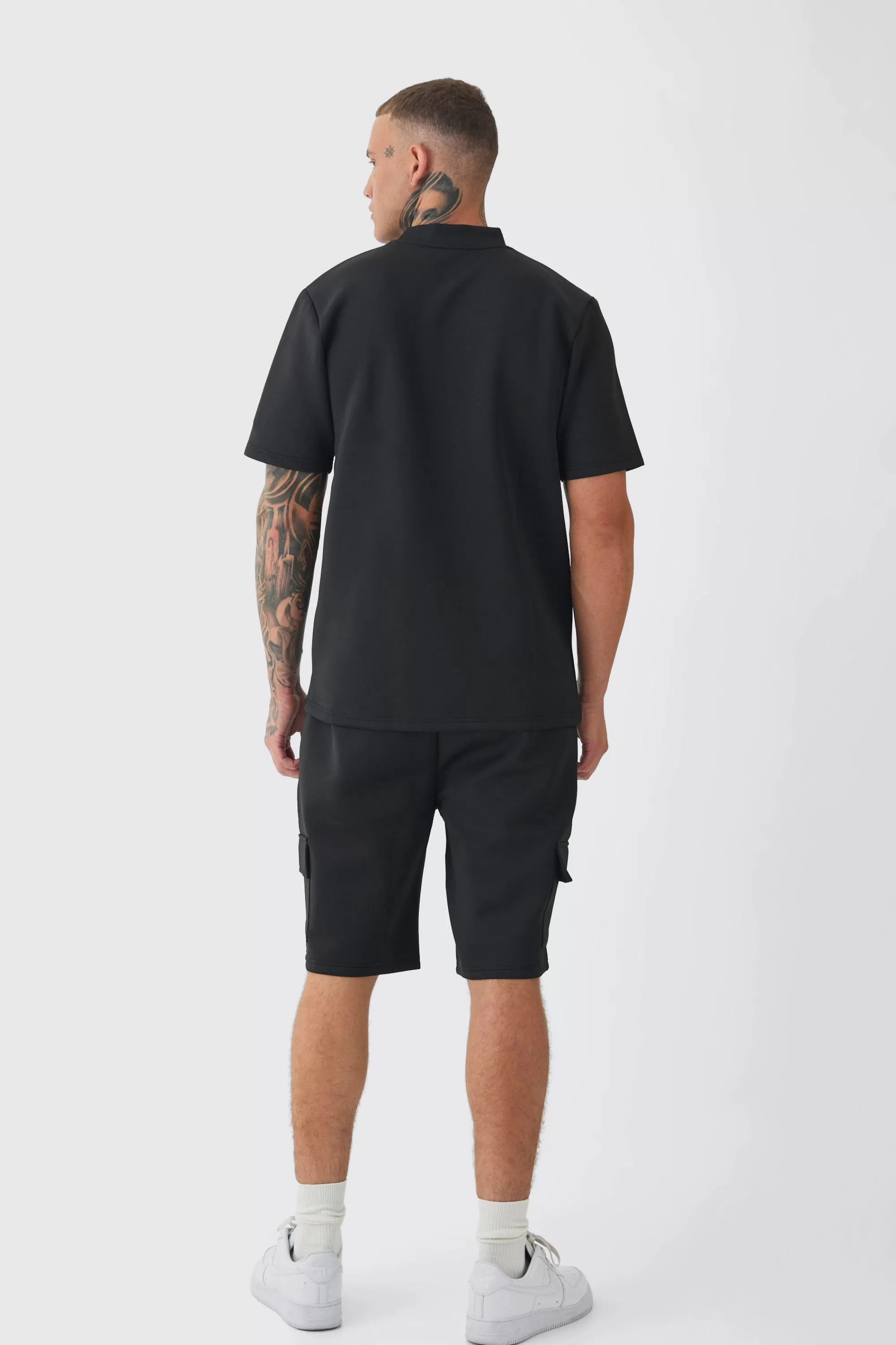 boohooMAN Tall Scuba Extended Neck Pocket T-shirt & Cargo Short Set | UK