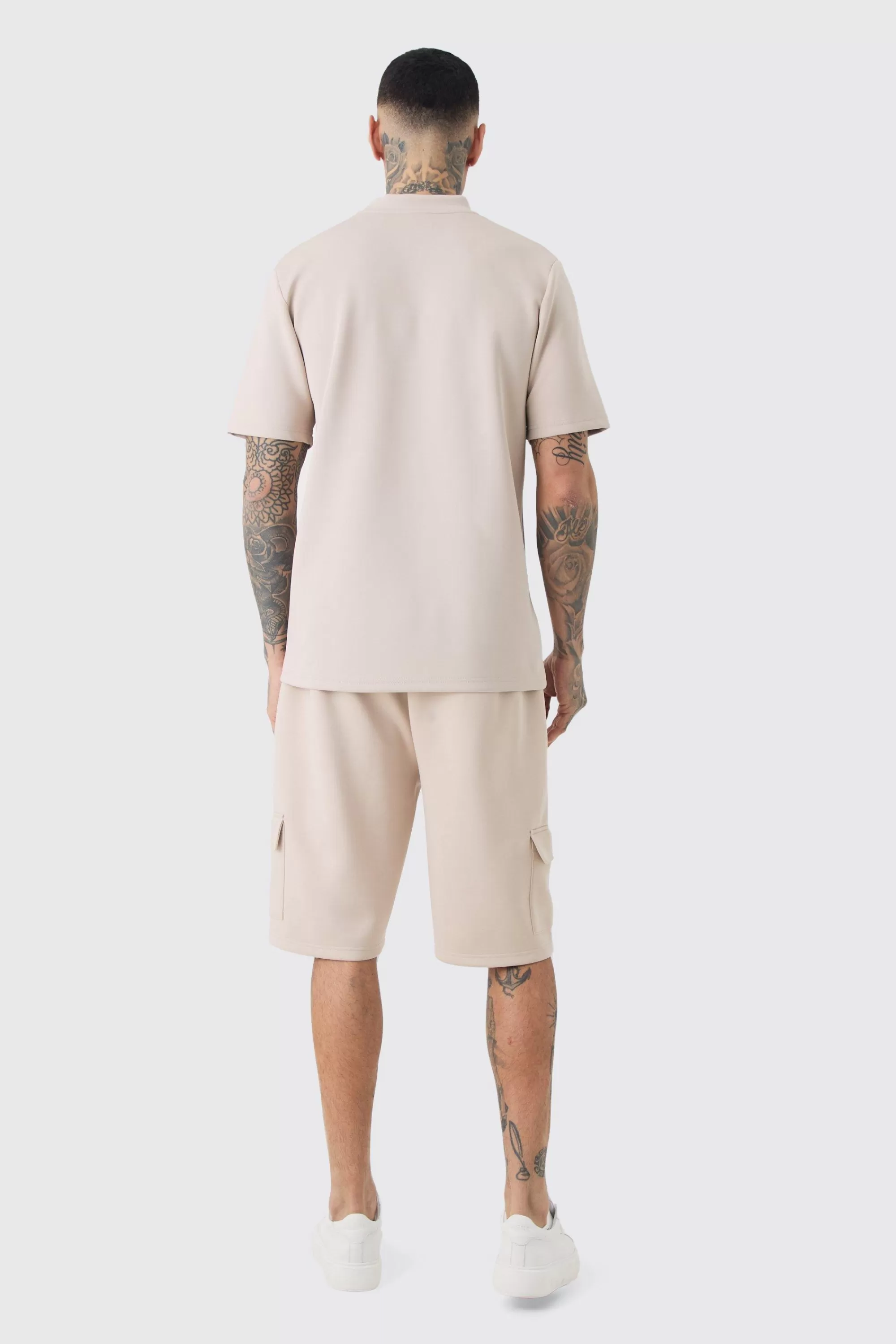 boohooMAN Tall Scuba Extended Neck Pocket T-shirt & Cargo Short Set | UK