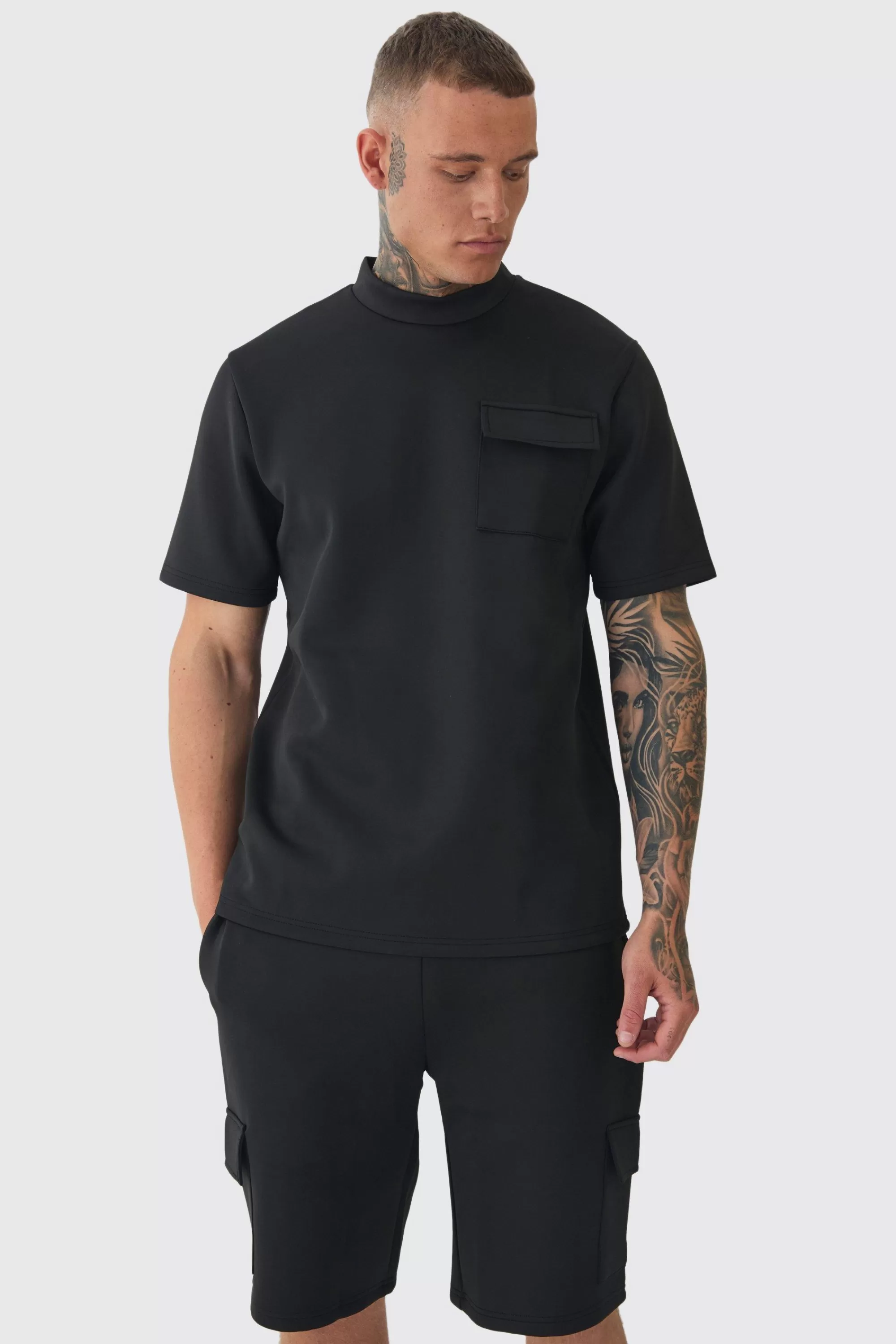 boohooMAN Tall Scuba Extended Neck Pocket T-shirt & Cargo Short Set | UK