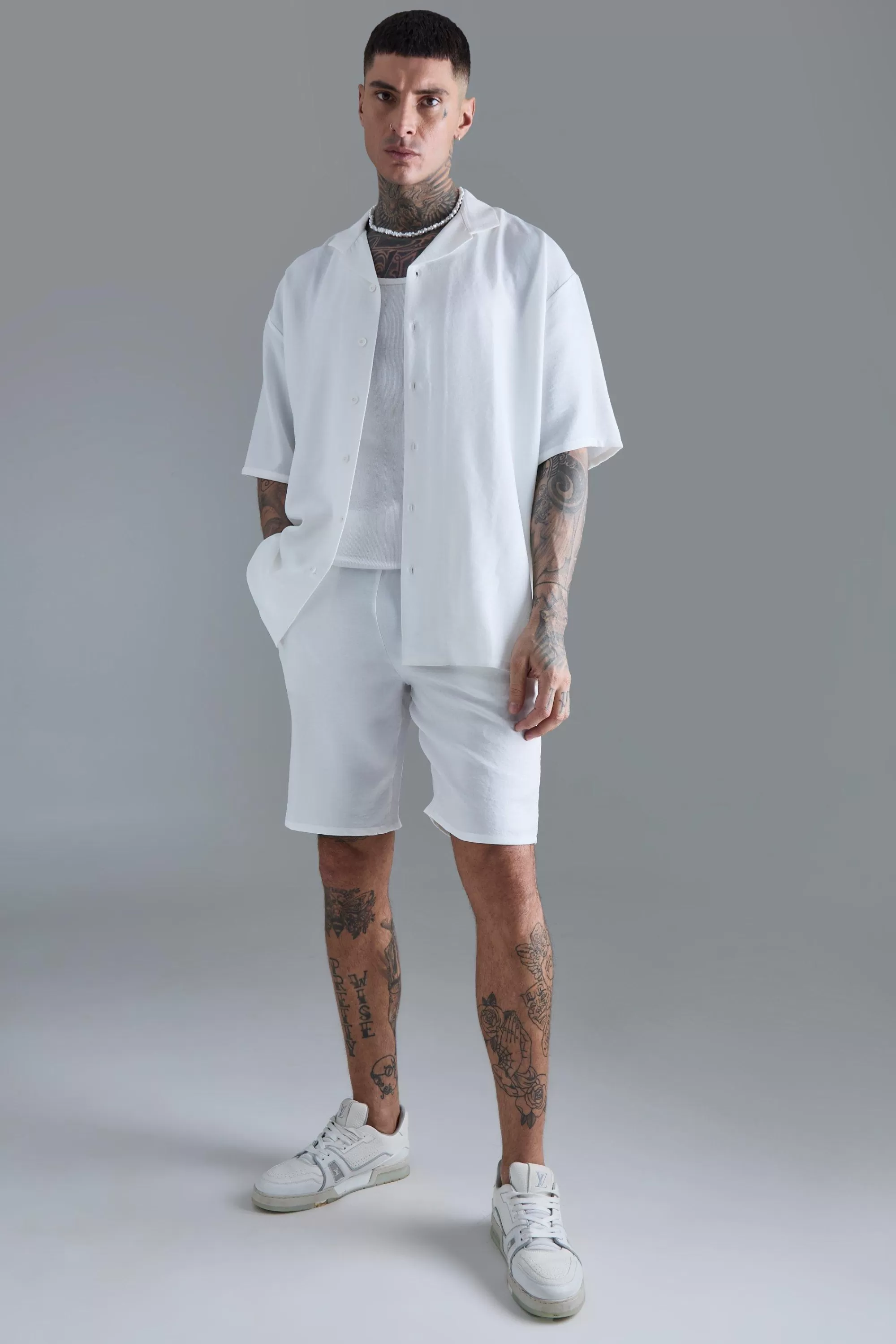 boohooMAN Tall Short Sleeve Drop Revere Linen Shirt & Short Set In | UK