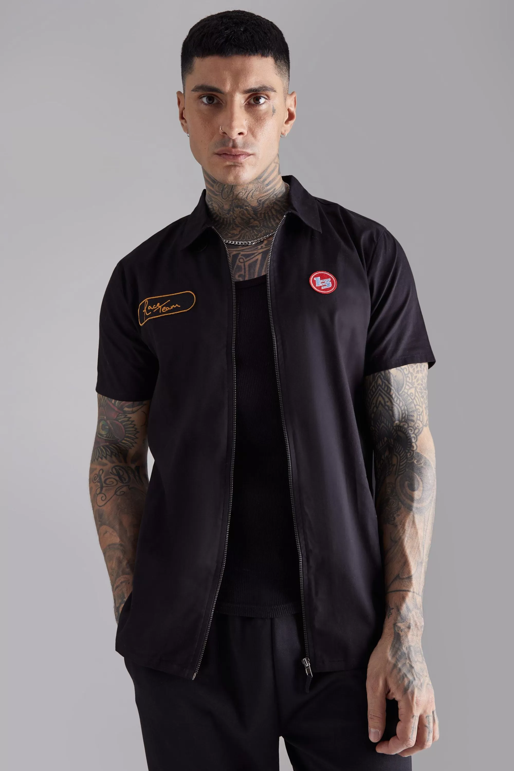 boohooMAN Tall Short Sleeve Twill Zip Moto Shirt | UK