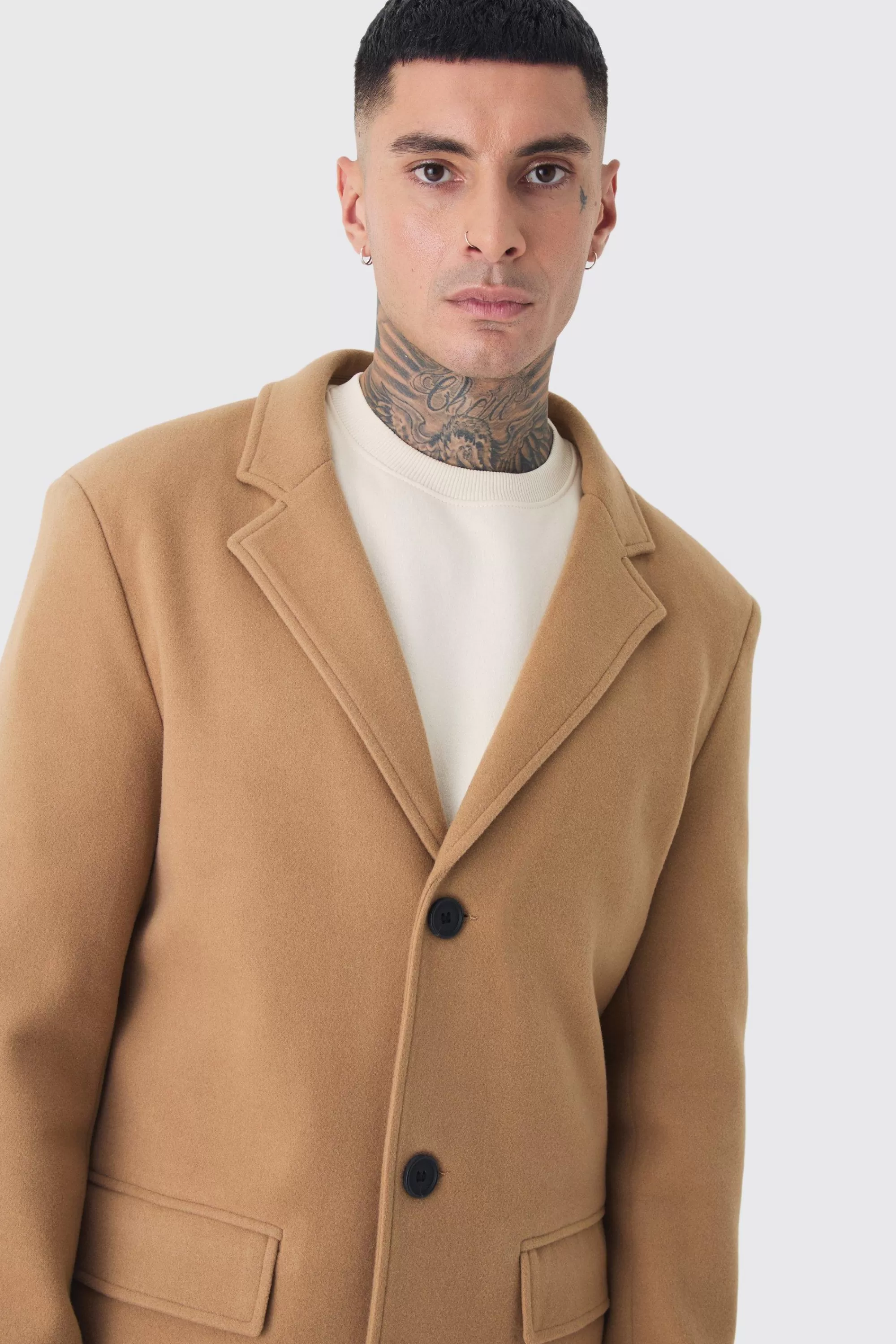 boohooMAN Tall Single Breasted Wool Look Overcoat In | UK
