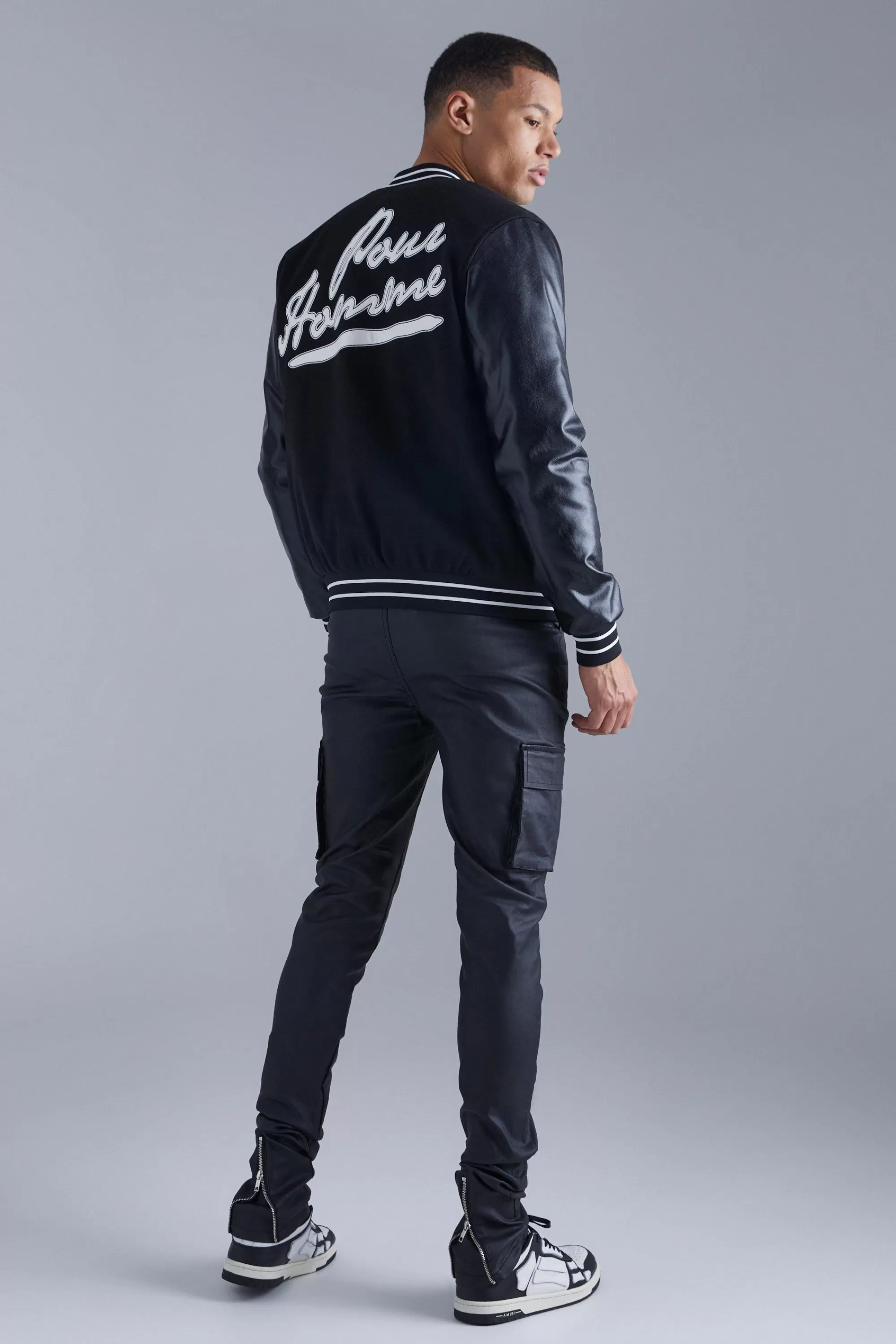 boohooMAN Tall Skinny Stacked Coated Twill Cargo Trouser | UK