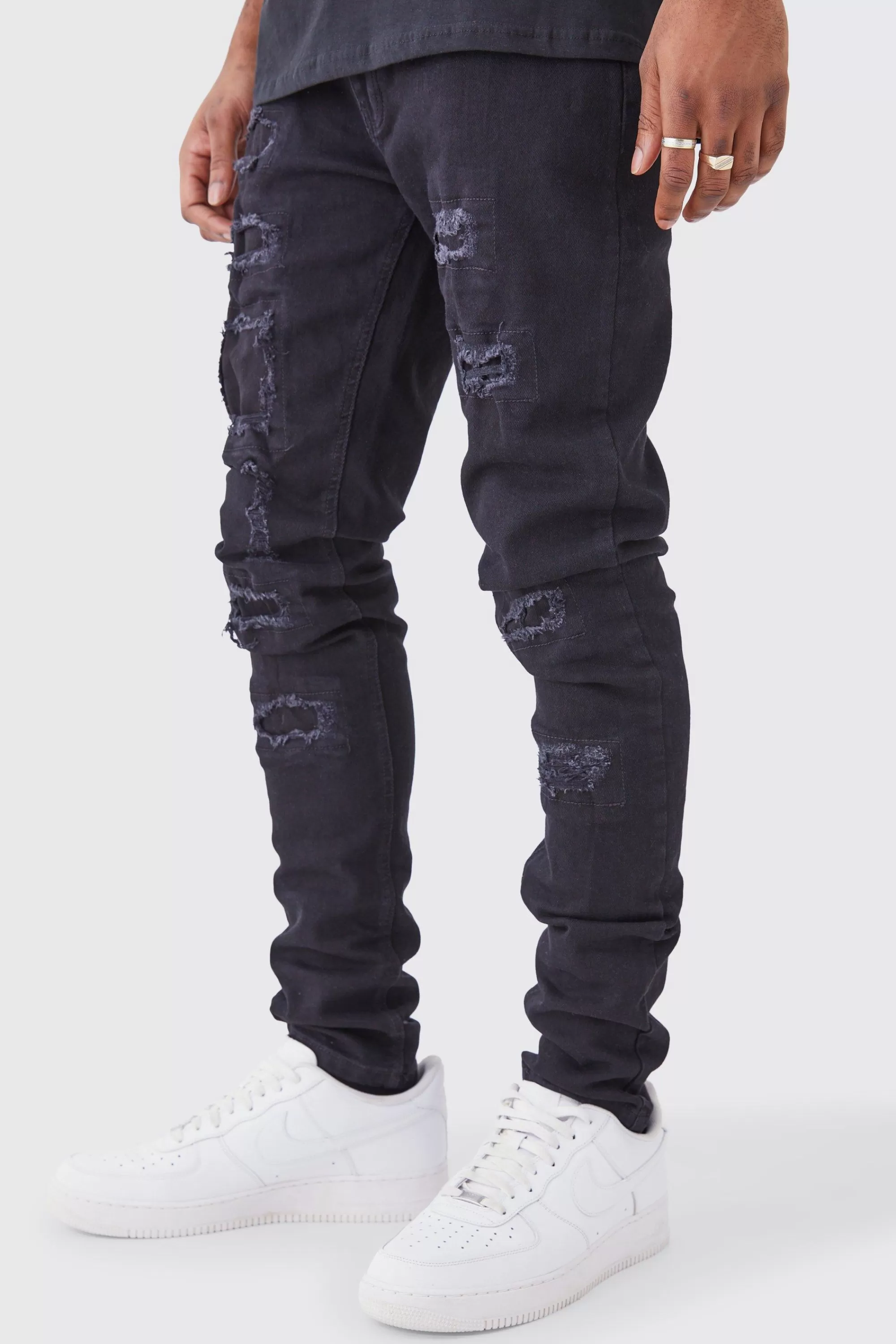 boohooMAN Tall Skinny Stacked Distressed Ripped Jeans | UK