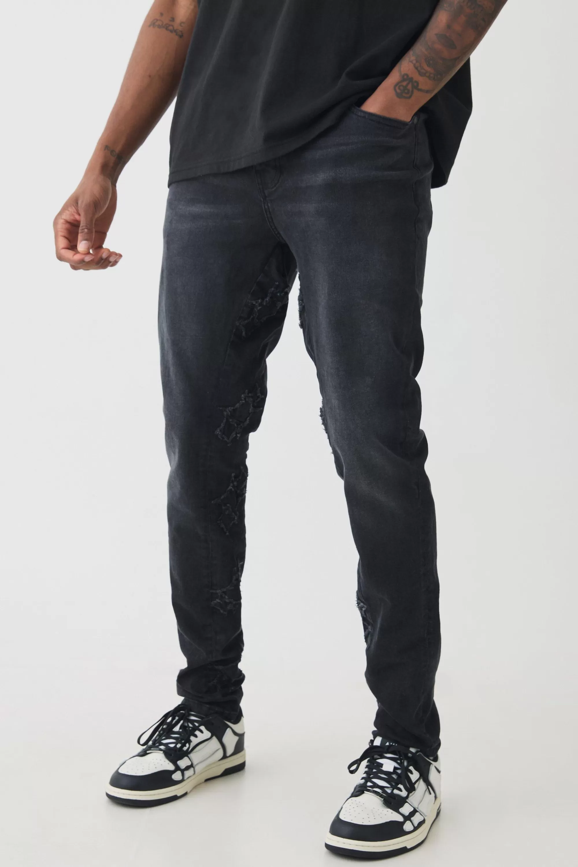 boohooMAN Tall Skinny Stretch Applique Gusset Jeans | UK