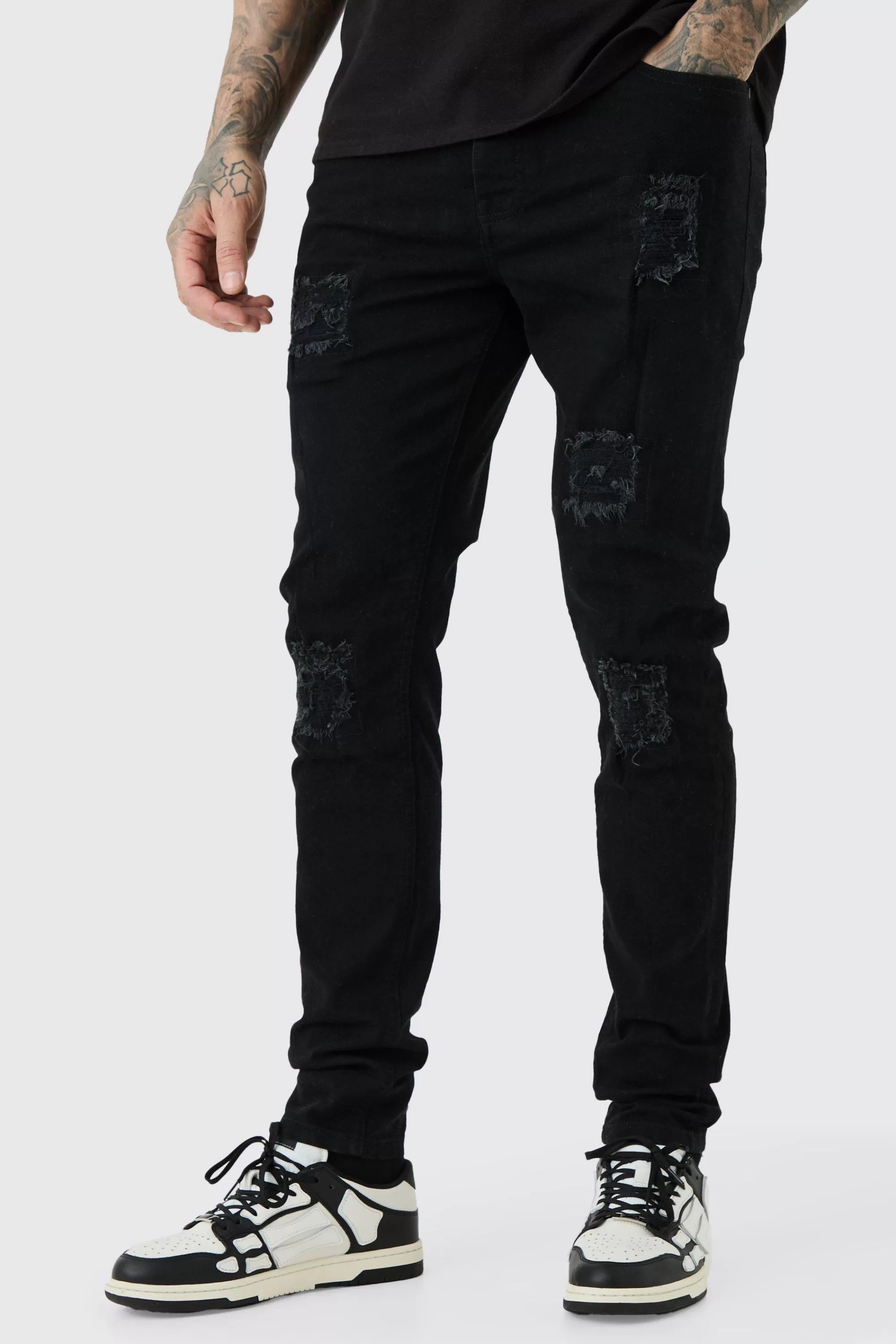 boohooMAN Tall Skinny Stretch Rip And Repair Jean | UK