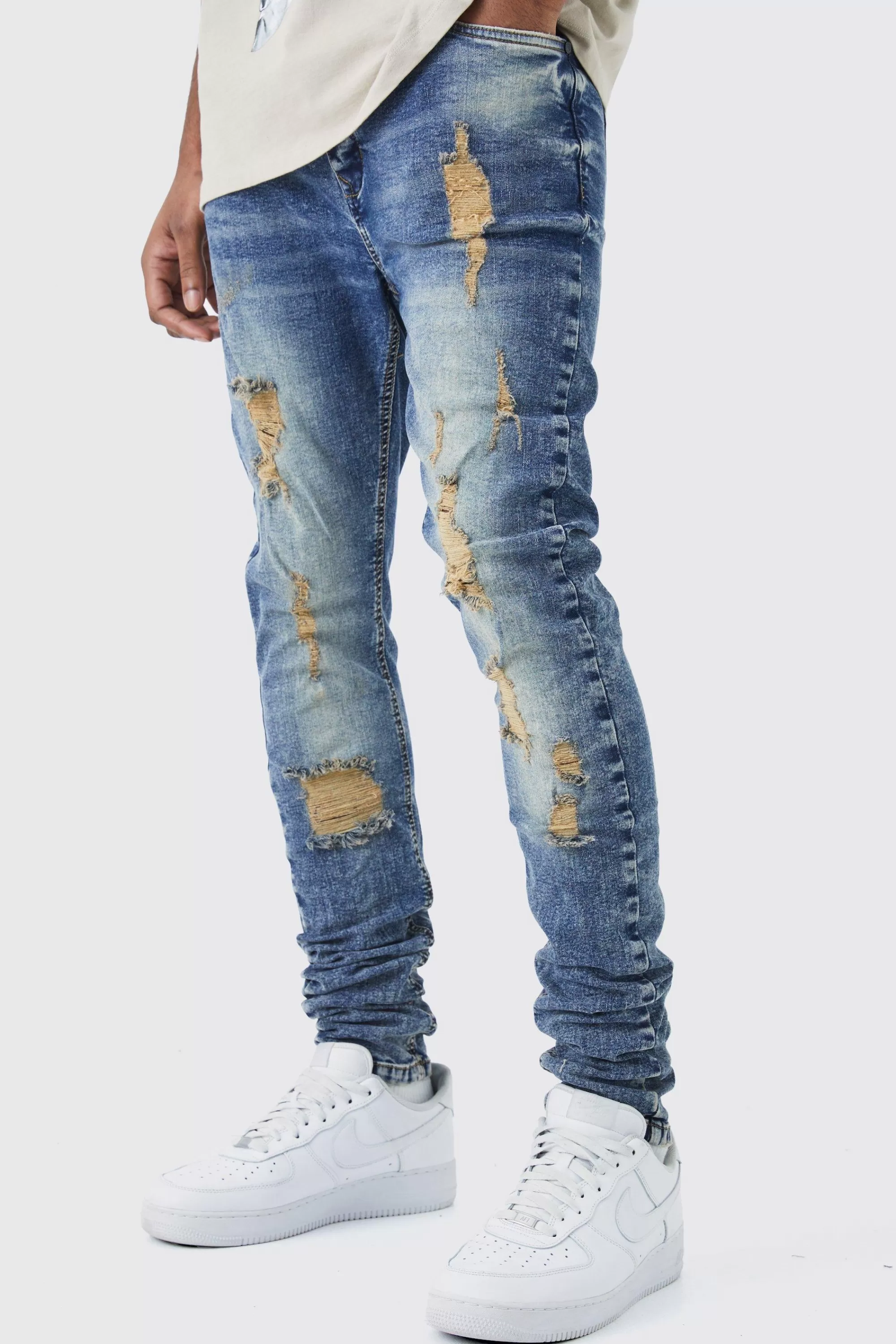 boohooMAN Tall Skinny Stretch Ripped Jean | UK