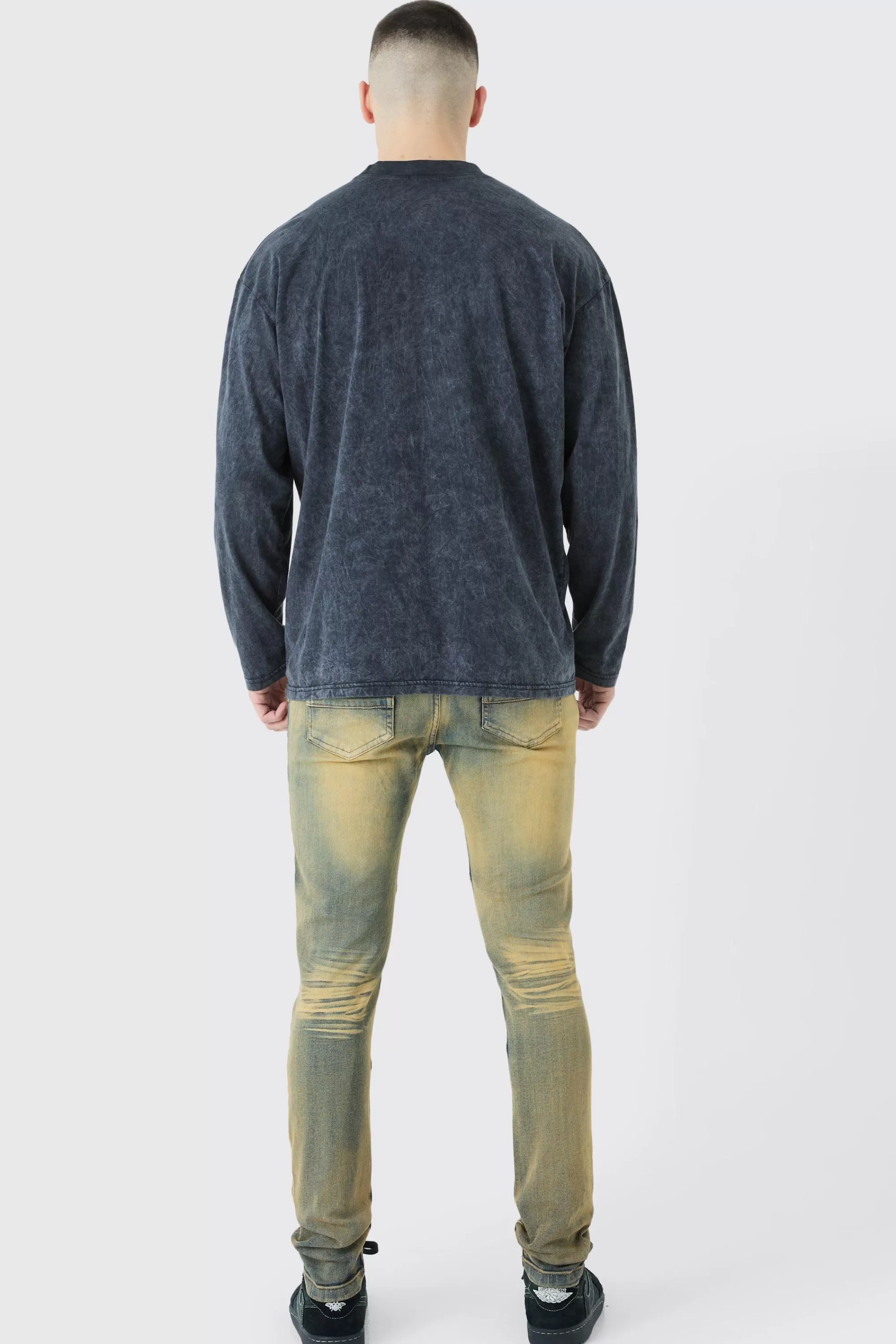 boohooMAN Tall Skinny Stretch Tinted Panelled Jeans | UK