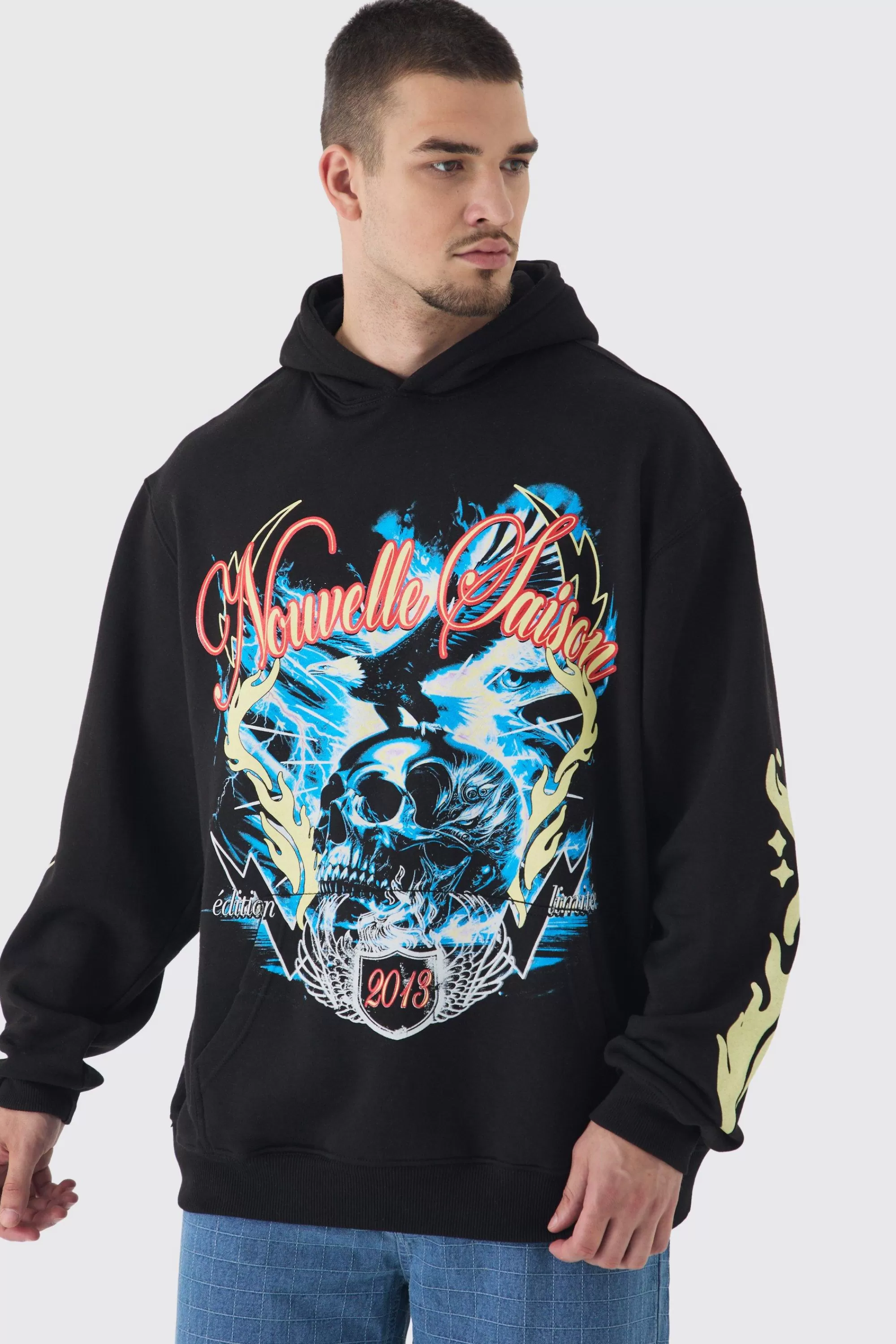 boohooMAN Tall Skull Flame Print Oversized Hoodie In | UK