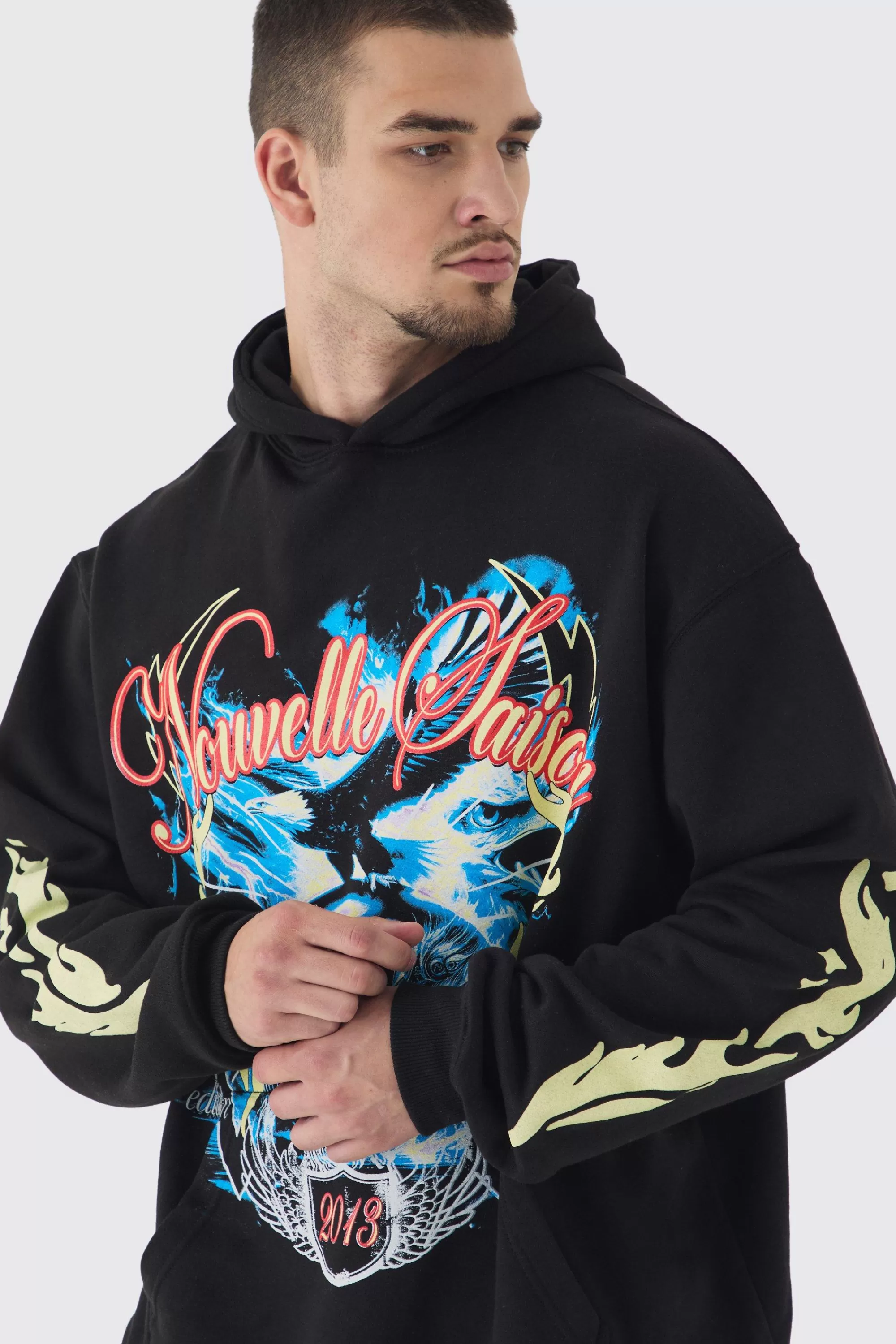 boohooMAN Tall Skull Flame Print Oversized Hoodie In | UK