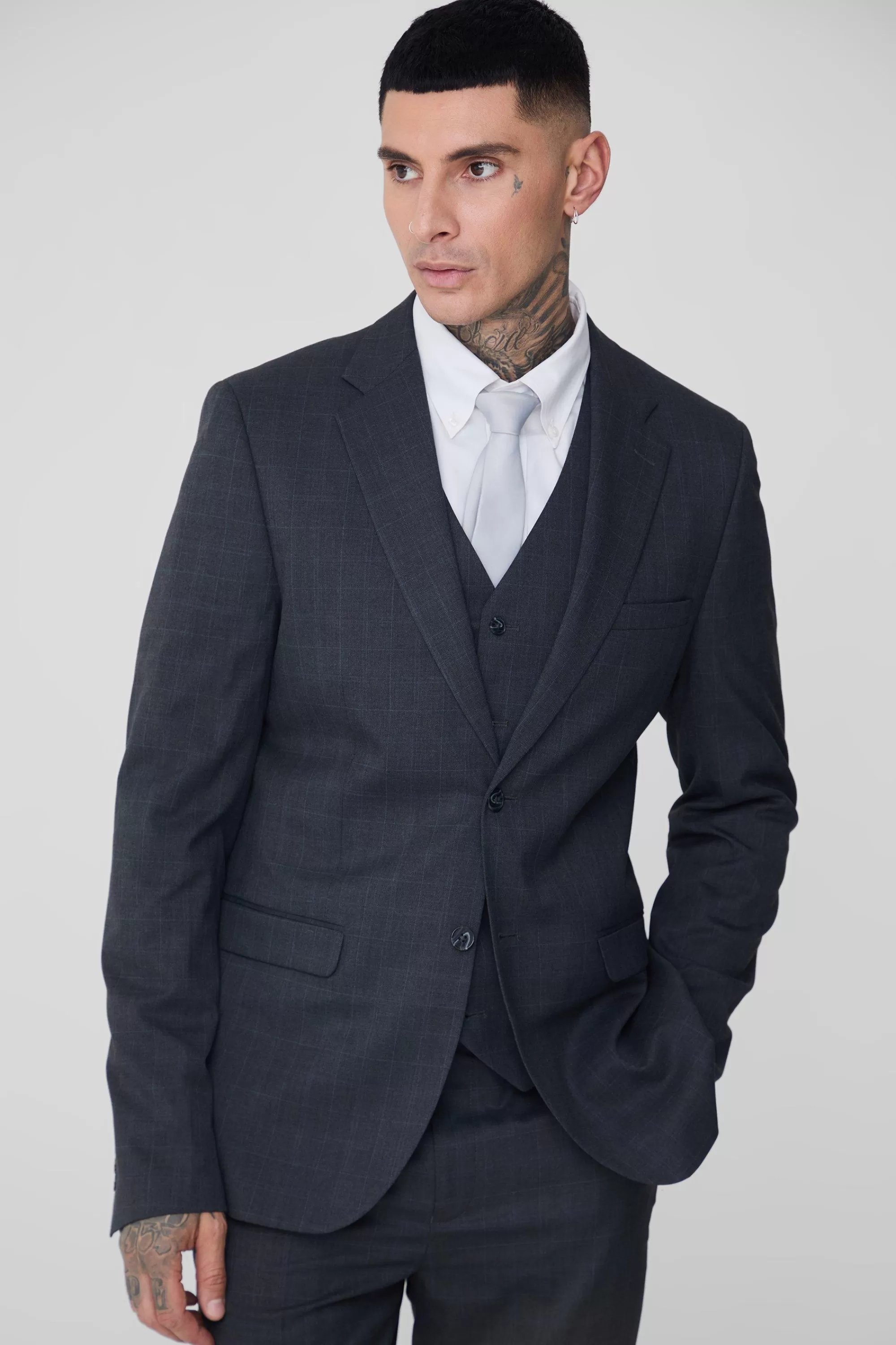 boohooMAN Tall Slim Fit Check Suit In | UK
