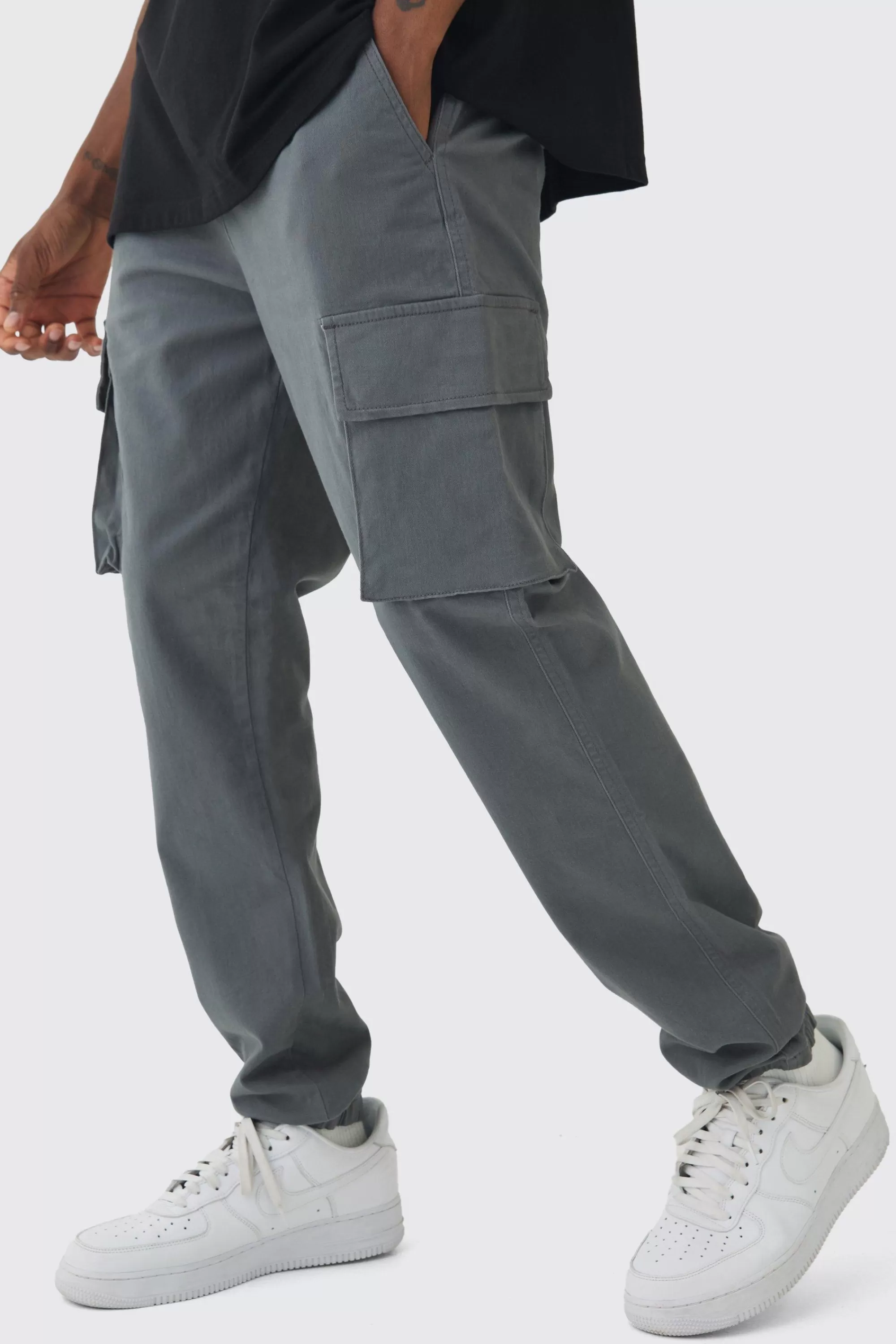 boohooMAN Tall Slim Fit Elasticated Waist Cuffed Cargo Trousers | UK
