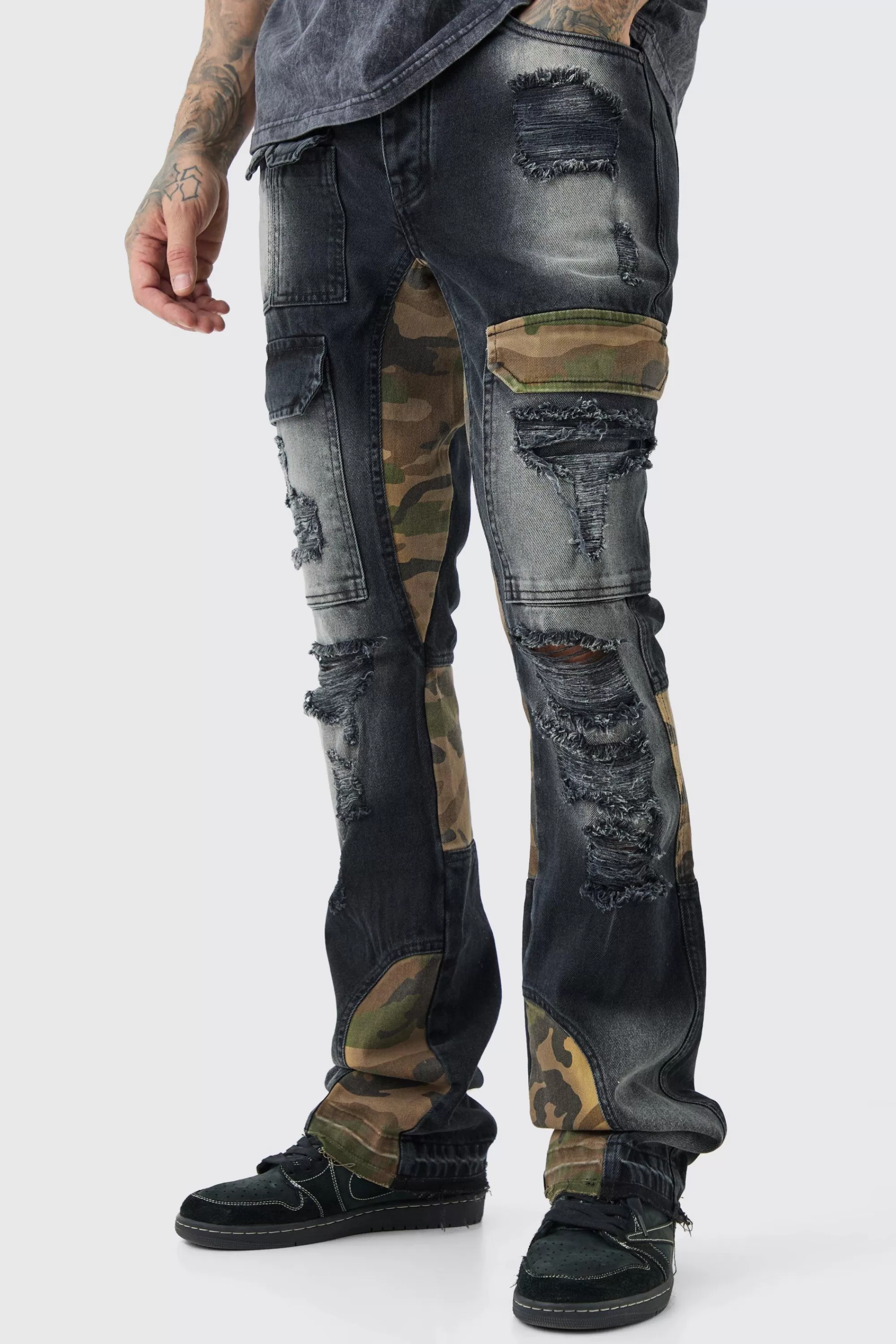 boohooMAN Tall Slim Rigid Flare Camo Repair Cargo Jeans | UK