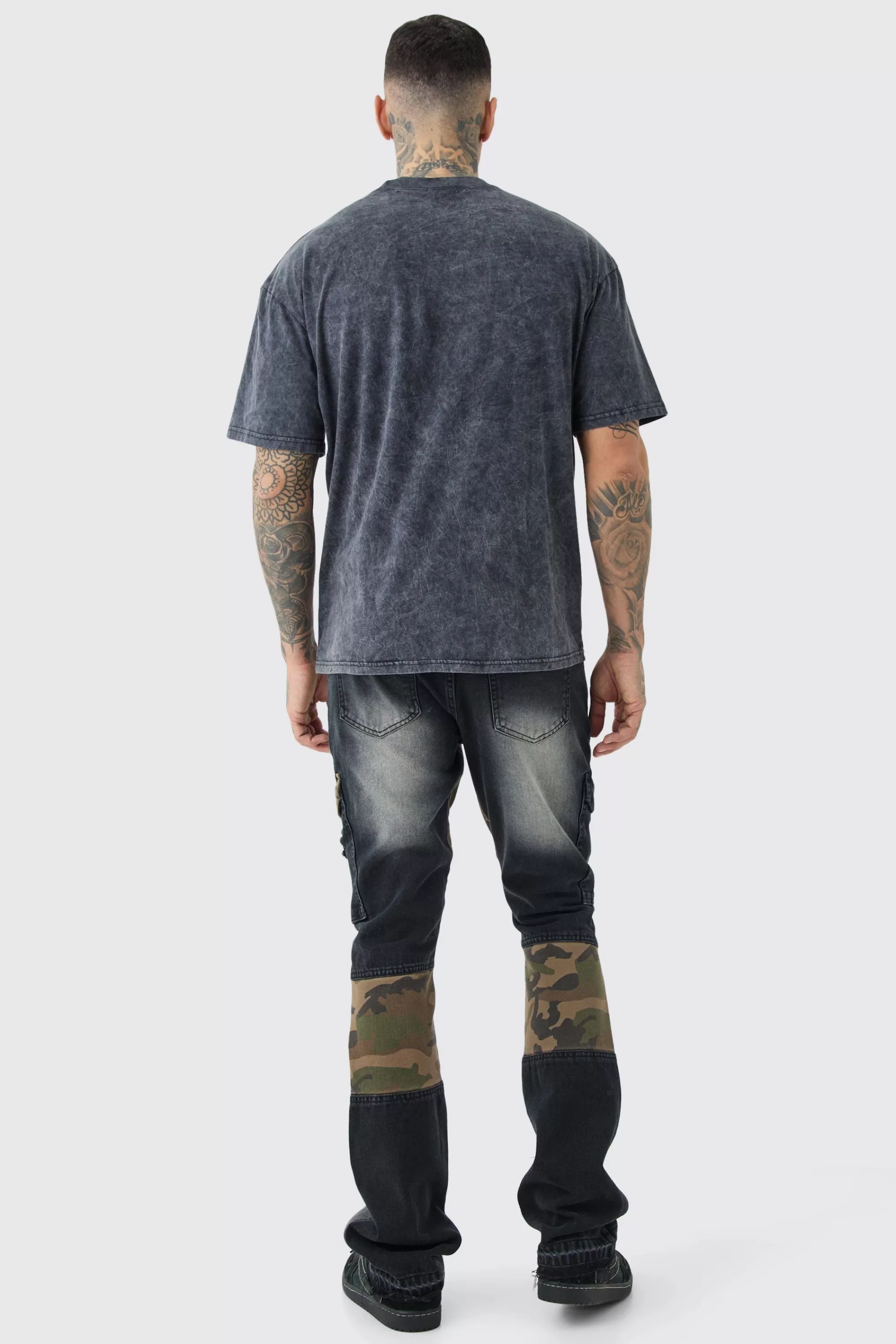 boohooMAN Tall Slim Rigid Flare Camo Repair Cargo Jeans | UK