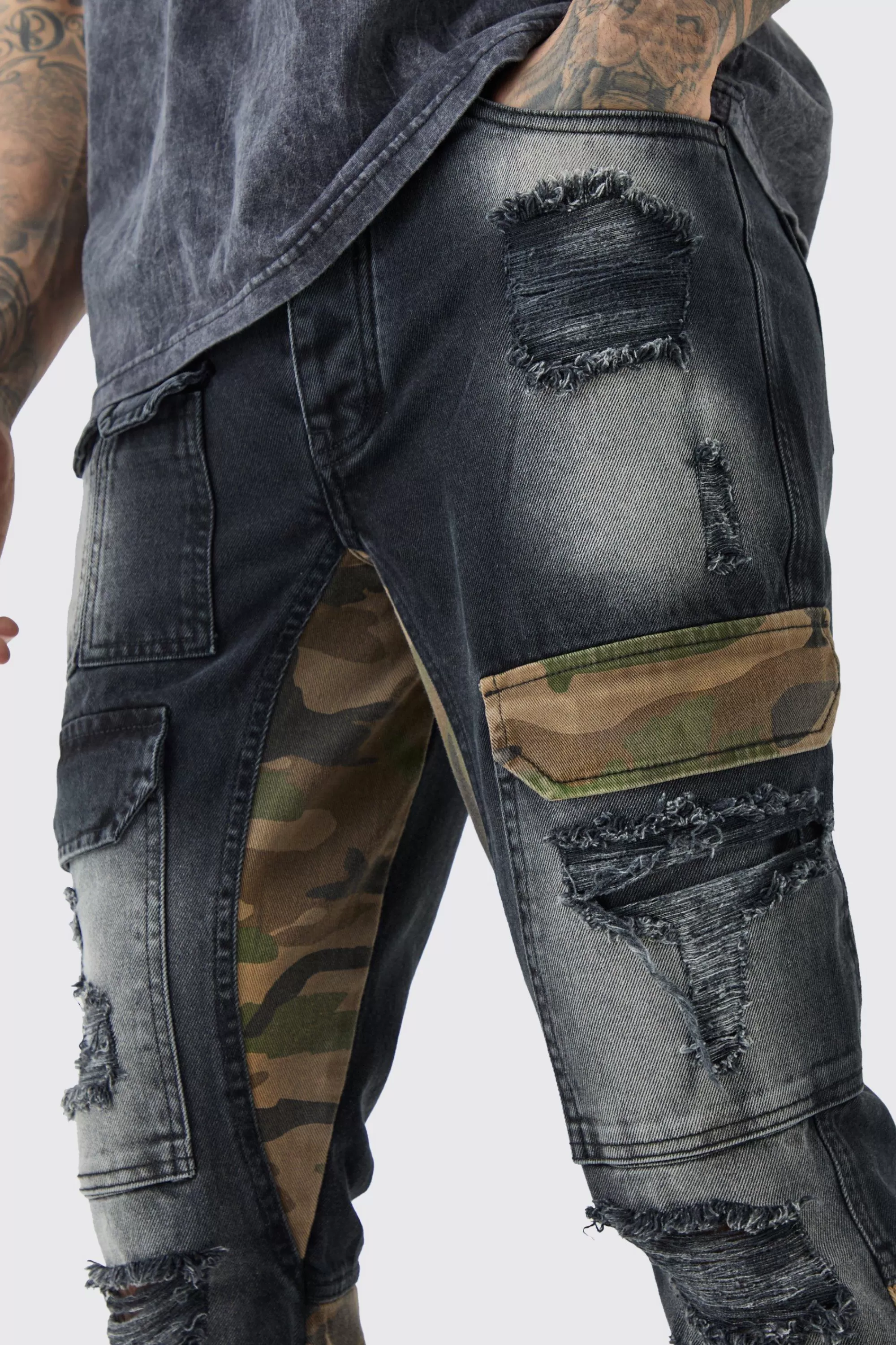 boohooMAN Tall Slim Rigid Flare Camo Repair Cargo Jeans | UK