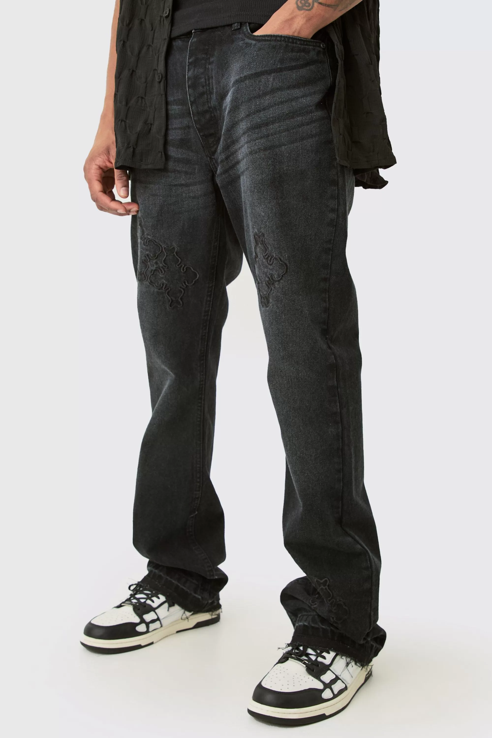 boohooMAN Tall Slim Rigid Flare Cross Applique Jean | UK