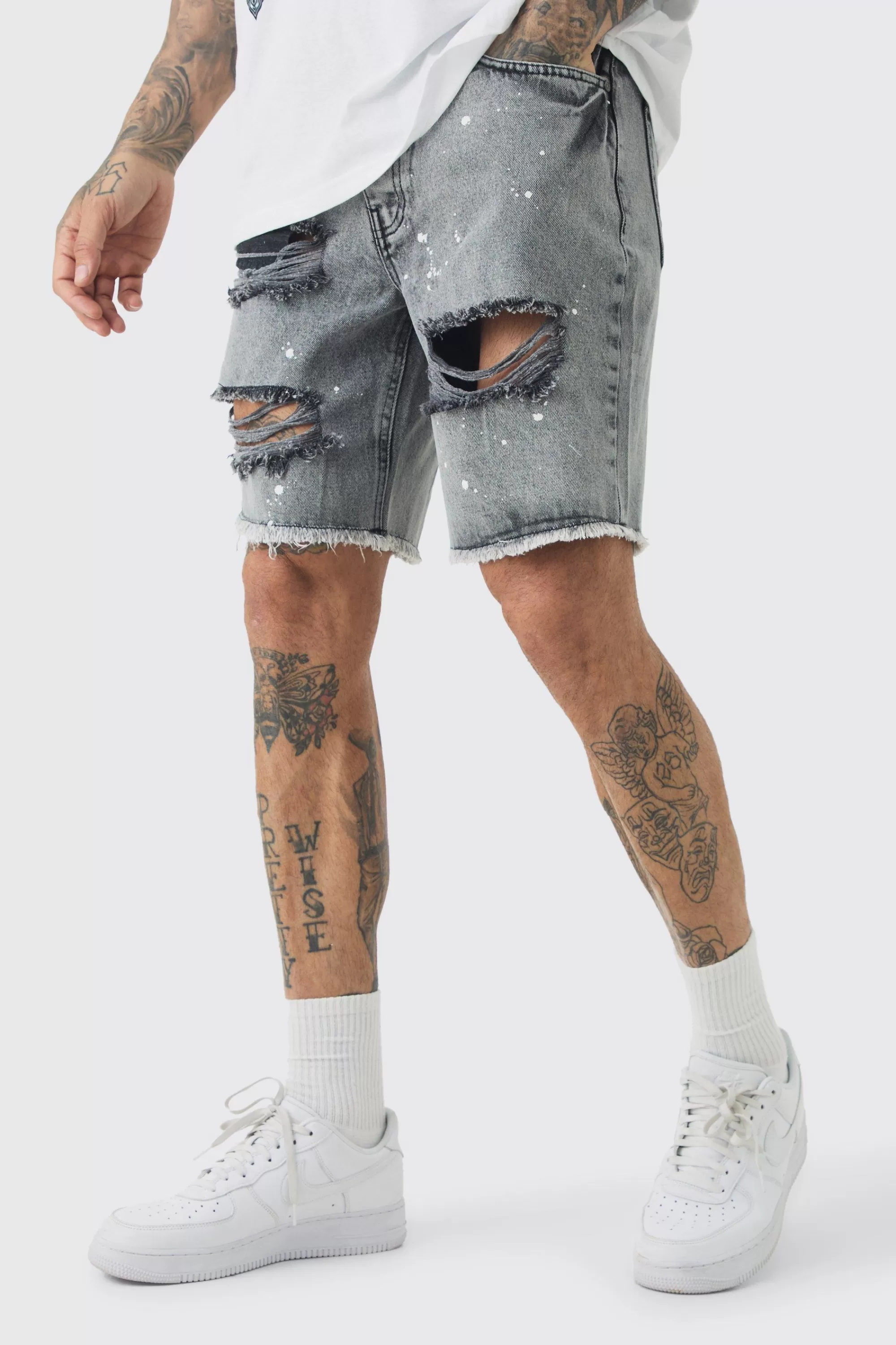 boohooMAN Tall Slim Rigid Ripped Paint Splatter Denim Shorts In | UK