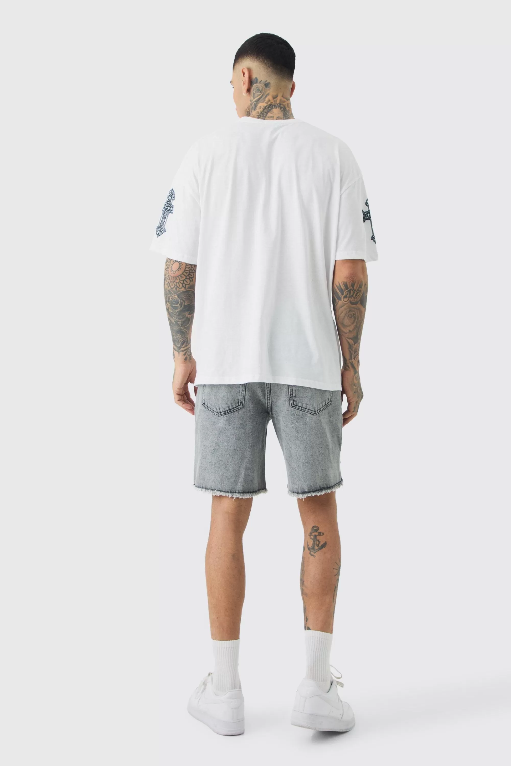 boohooMAN Tall Slim Rigid Ripped Paint Splatter Denim Shorts In | UK