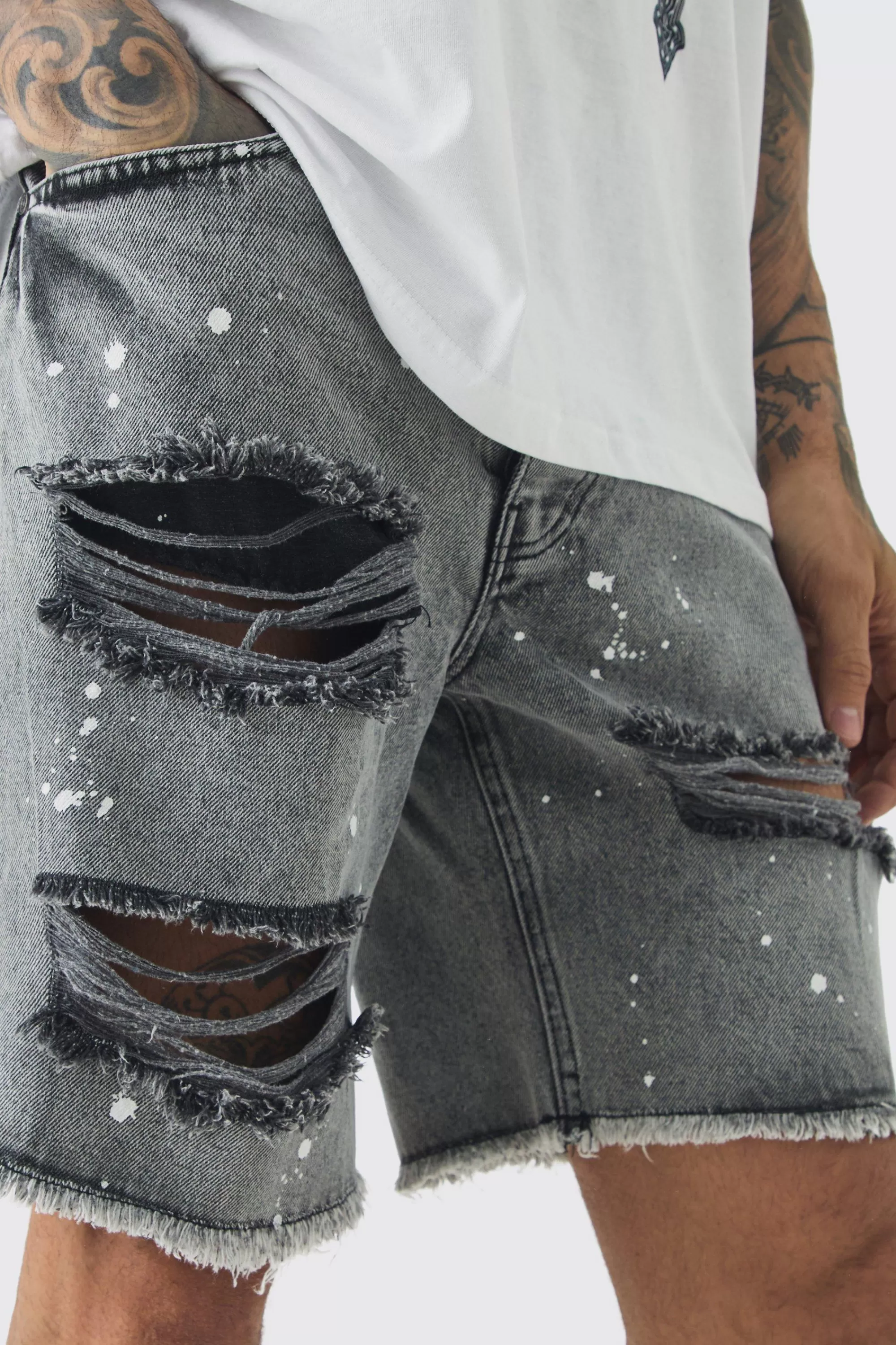 boohooMAN Tall Slim Rigid Ripped Paint Splatter Denim Shorts In | UK