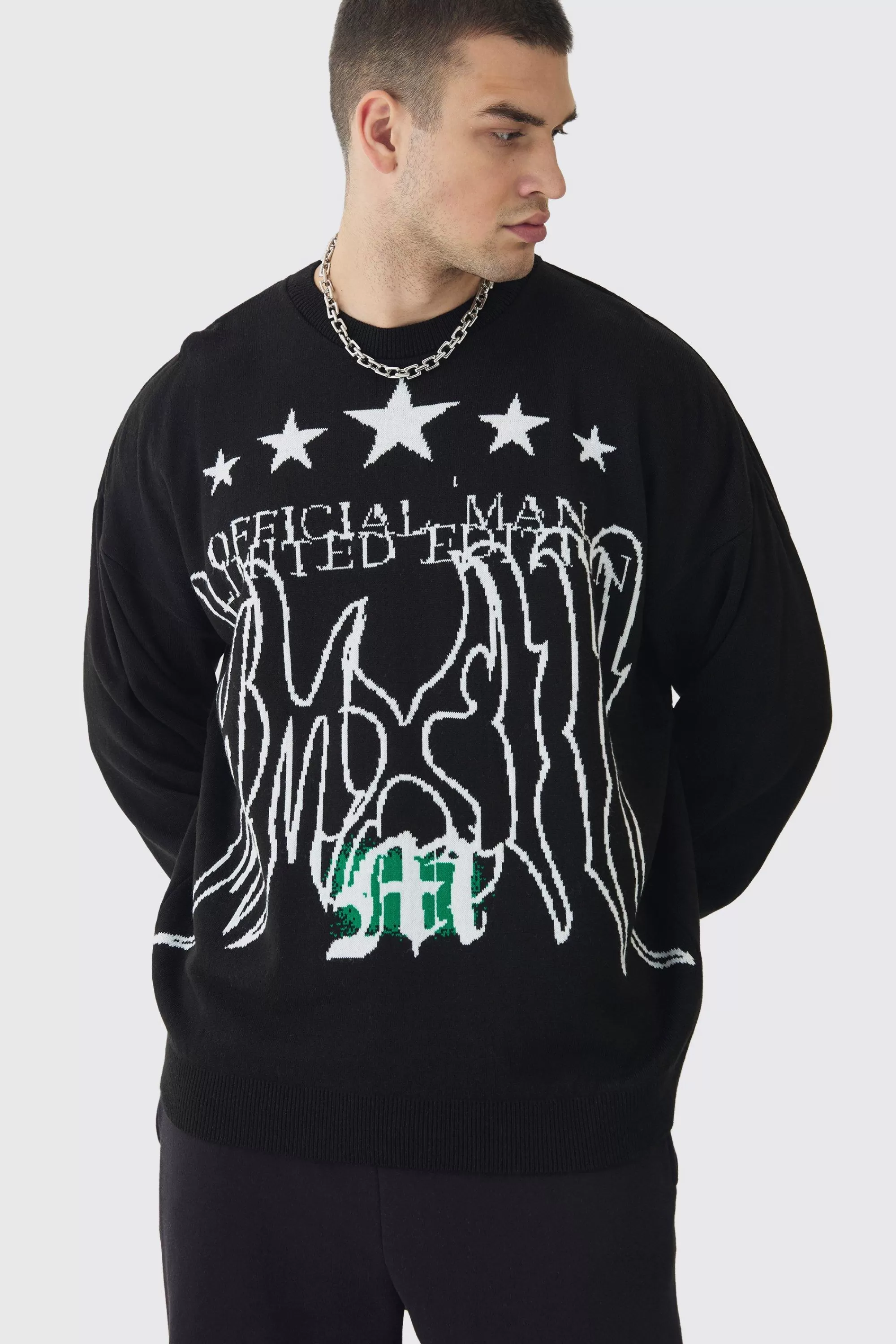 boohooMAN Tall Star Graphic Crew Neck Jumper | UK