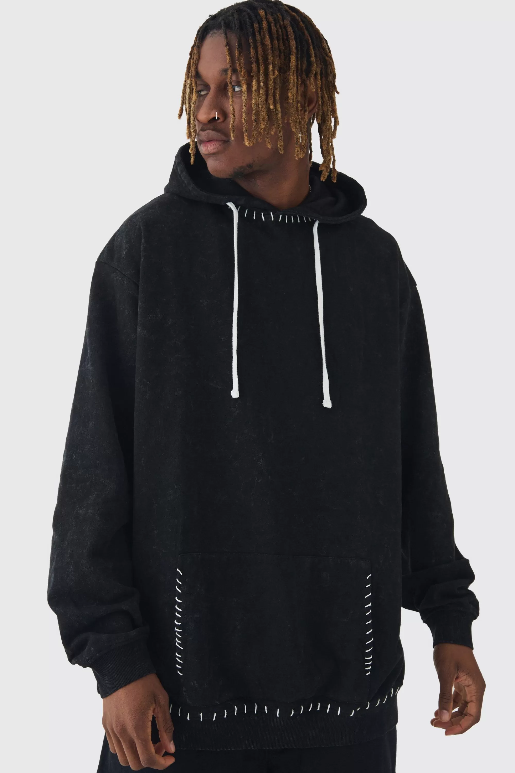 boohooMAN Tall Stitch Detail Oversized Washed Hoodie | UK