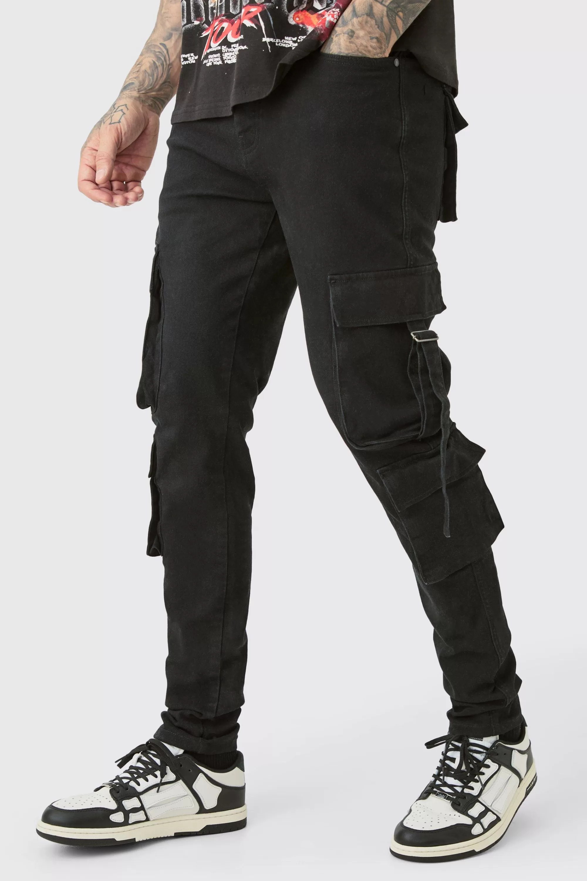 boohooMAN Tall Stretch Skinny Cargo Pocket Detail Jean In | UK